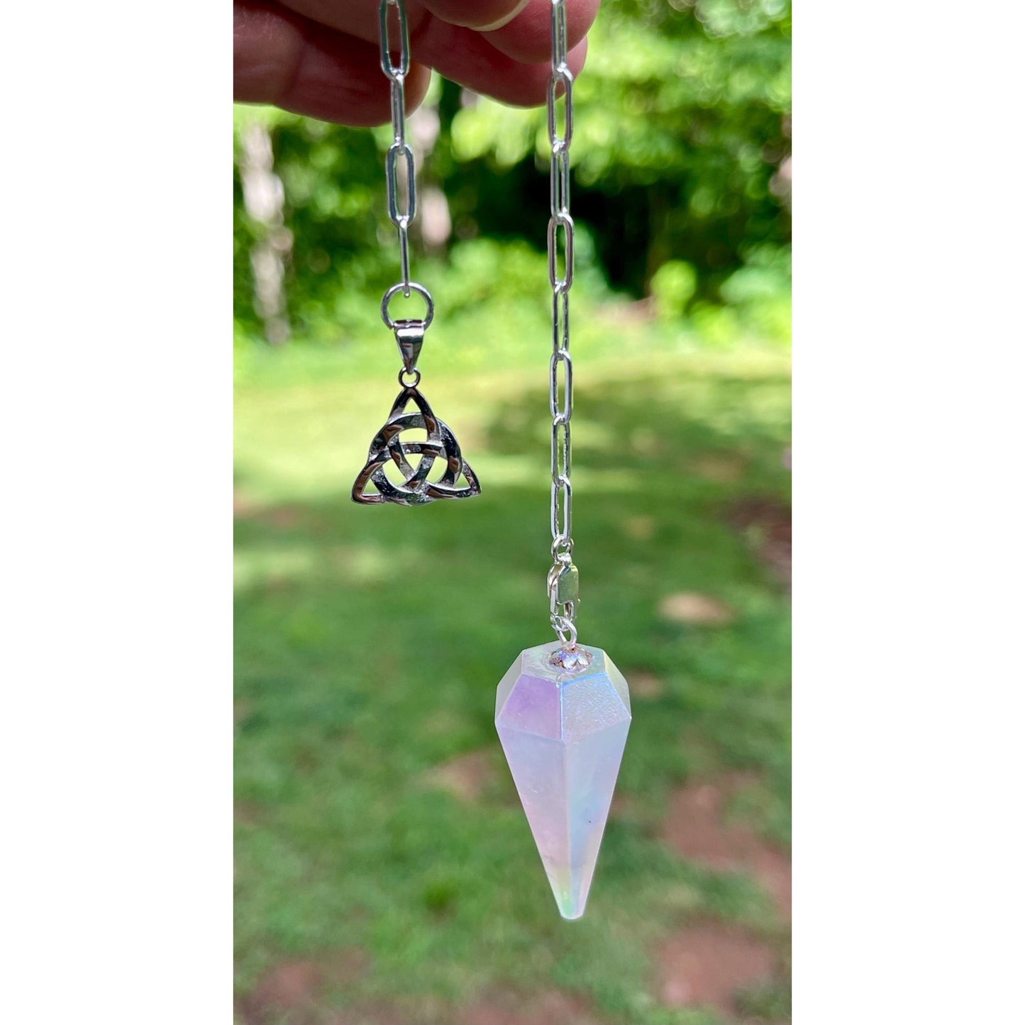 Angel Aura Rose Quartz Pendulum | Sterling Silver Triquetra Handle | Heavy Sterling Silver Chain | Crystal Pendulum | Handmade Gift