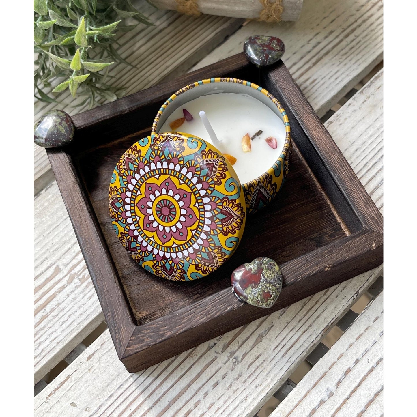 Bloodstone Heart Gift Set | Mini Tray with Soy Candle & Dried Flowers | Crystal Decor | Grounding Strength Gift | Spiritual Home Decor