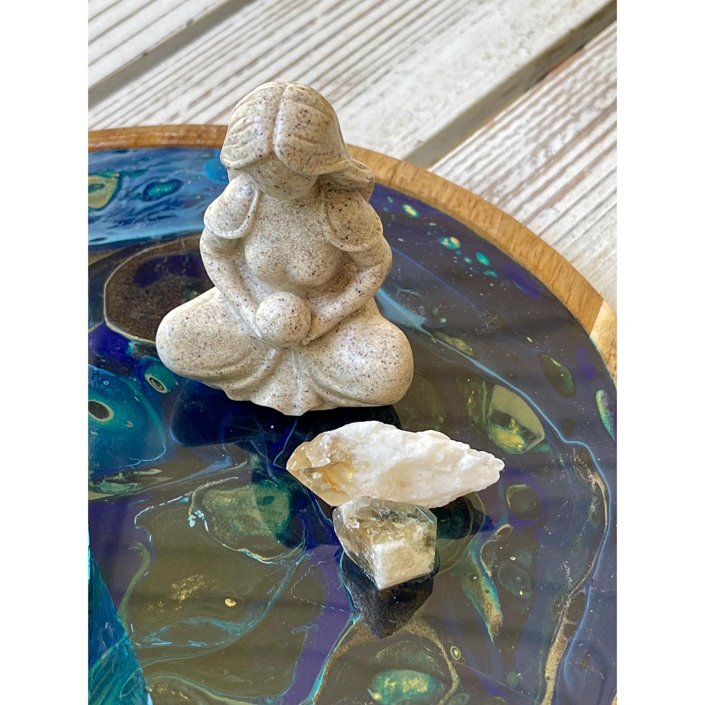 Blue Morpho Abyss Goddess Tray | Resin Art Wood Tray with Citrine Crystals & Votive Holder | Spiritual Boho Decor | Ocean Inspired Tray