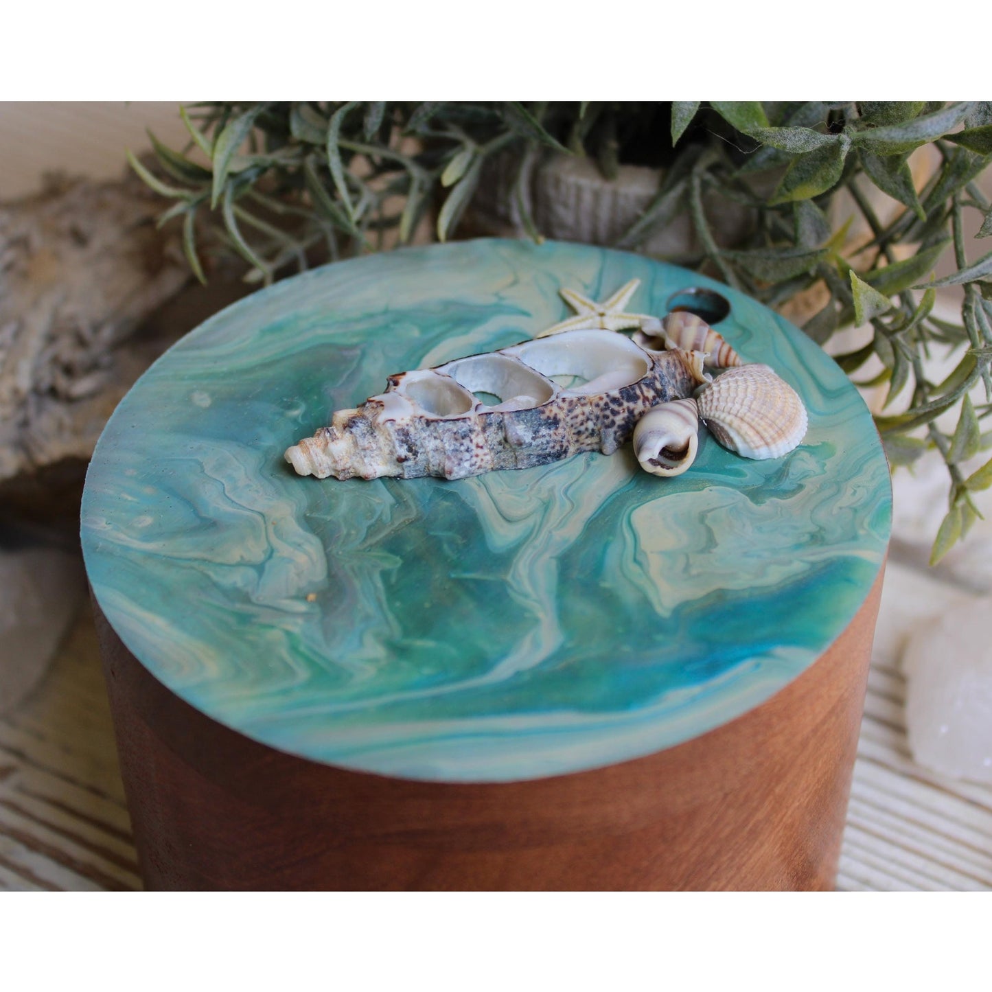Stash Box, Jewelry Box, Keepsake Box, Hand Painted Box Shells Beach 4" x 4 x 3"