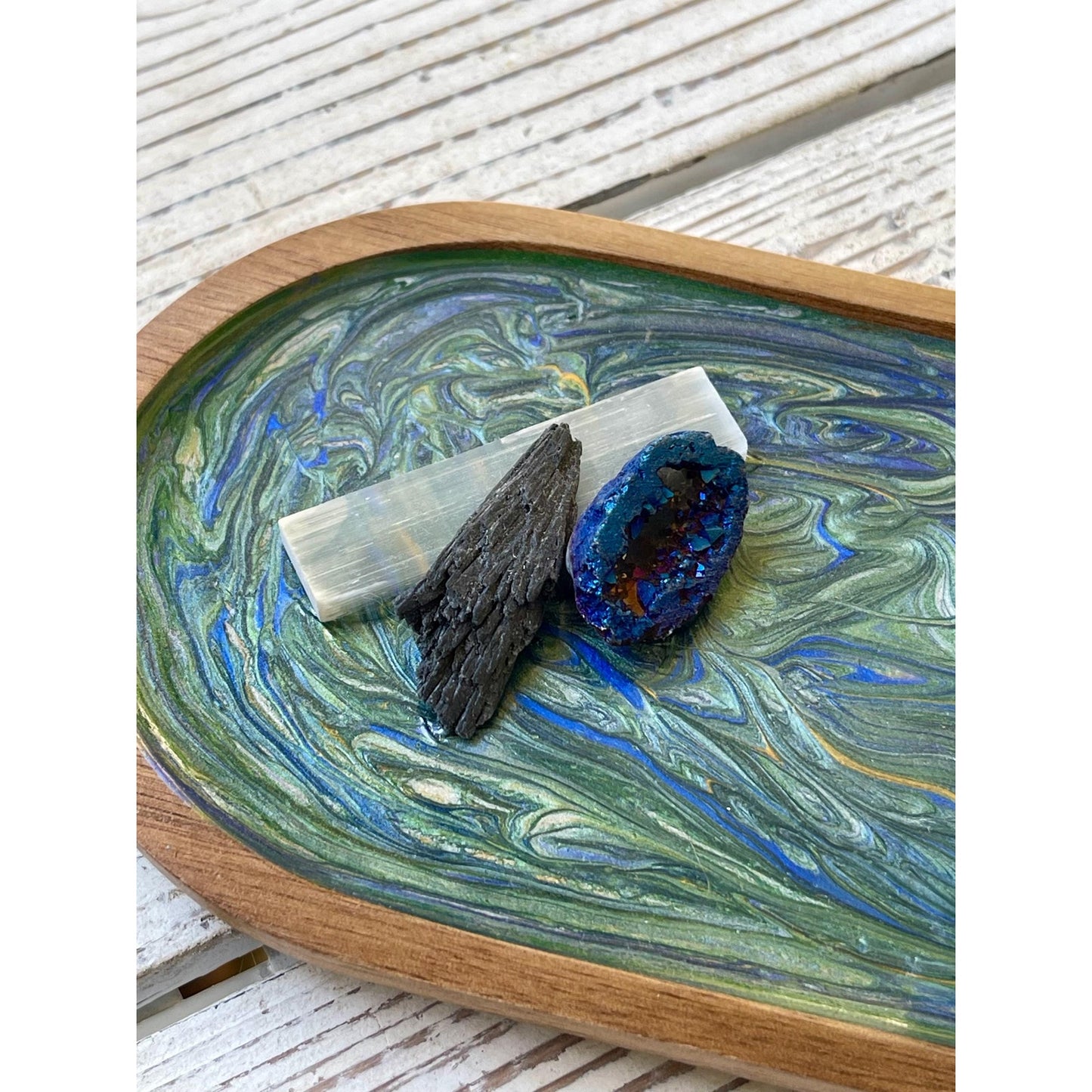 Hand Painted Cleansing Ritual Tray Set – Soy Candle, Goddess Statue/Healing Crystals – Selenite, Black Kyanite & Blue Druzy – Spiritual