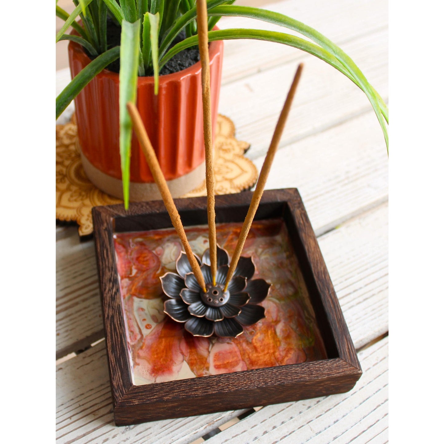 Lotus Incense Holder • Hand Painted Resin Art Tray • Wooden Incense Burner • Spiritual Altar Decor • Meditation Gift • OOAK Boho Decor
