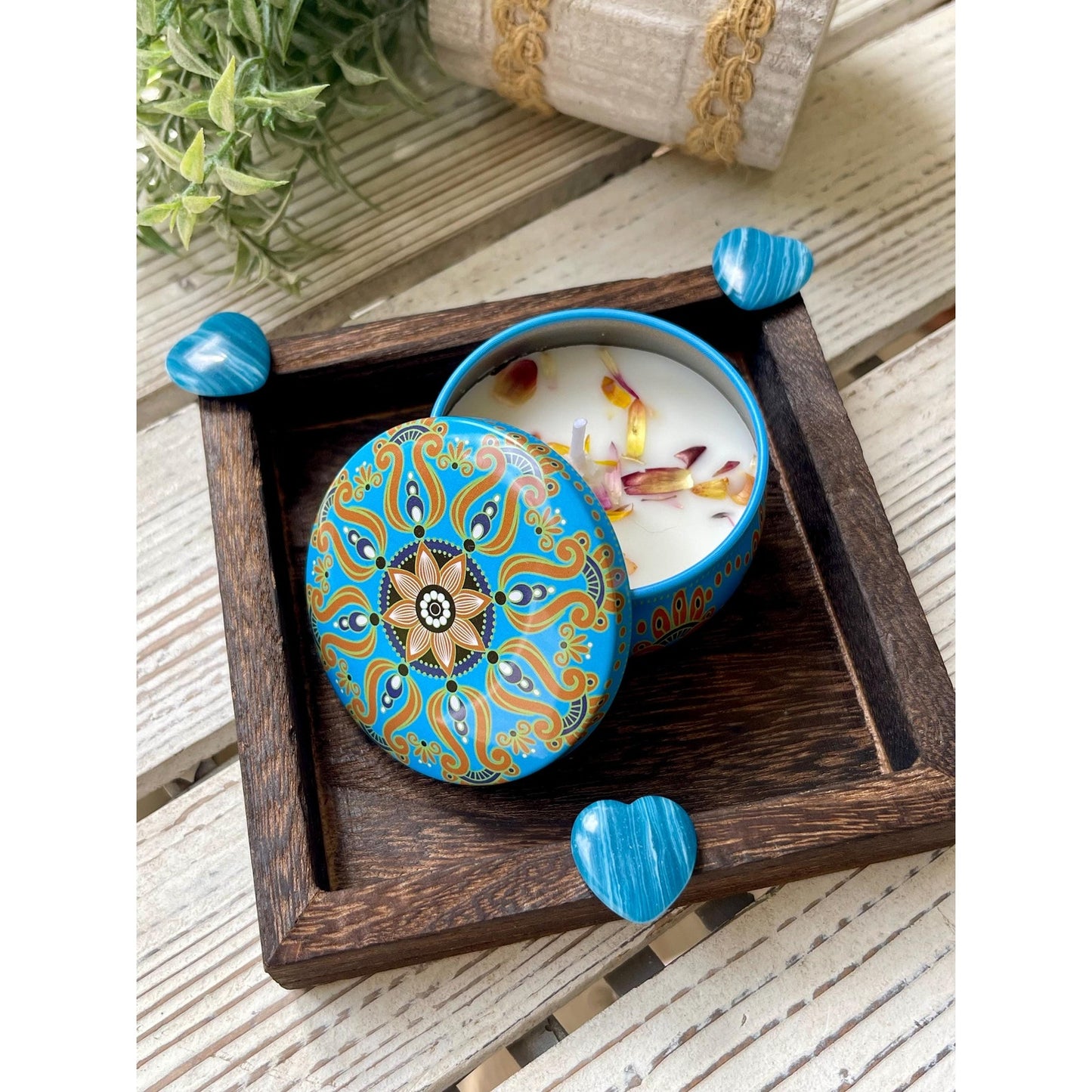 Blue Agate Heart Gift Set | Mini Tray with Soy Candle & Dried Flowers | Crystal Decor | Small Spiritual Gift | Meditation Decor