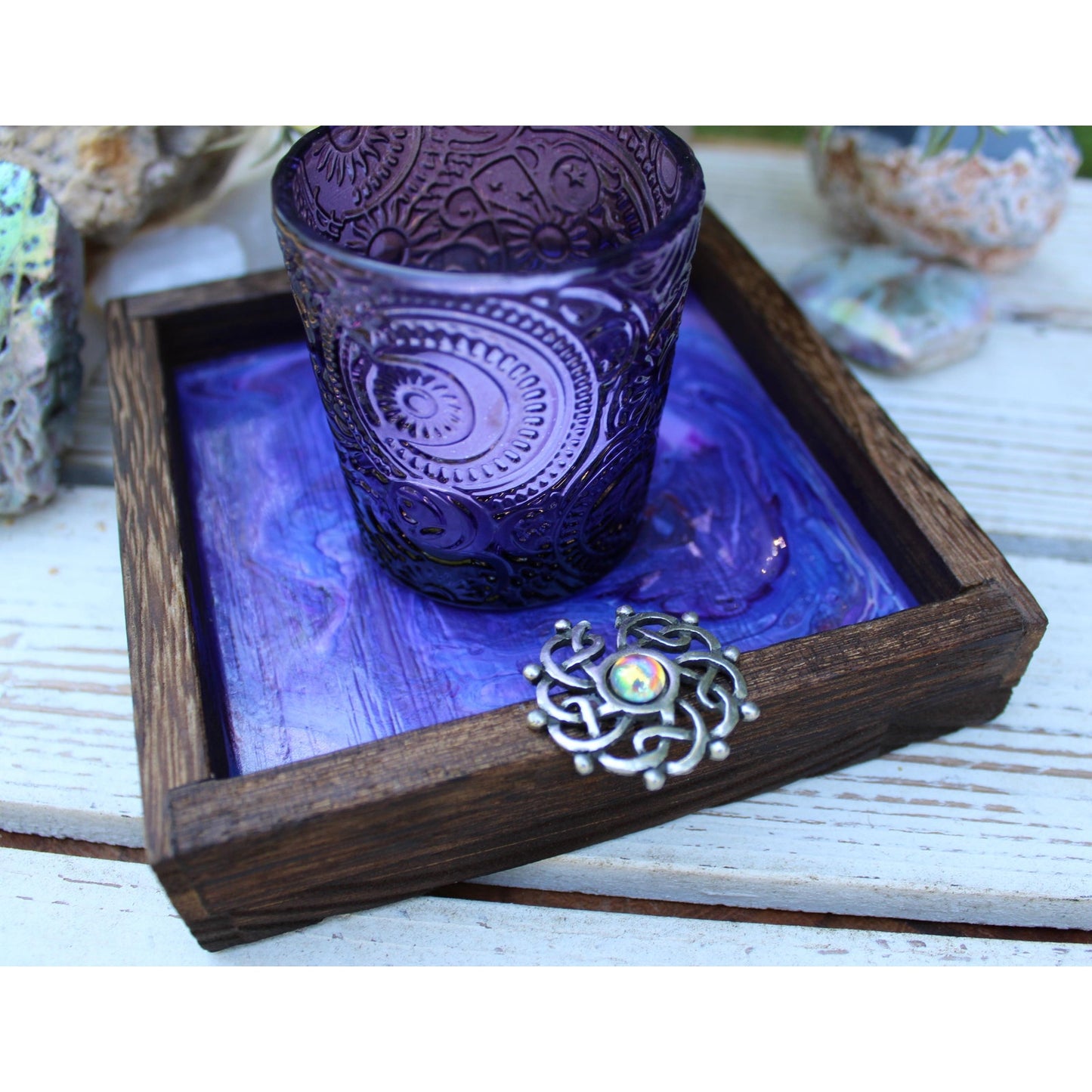 Candle Holder and Candle Celtic Harmony Hand Painted Wood