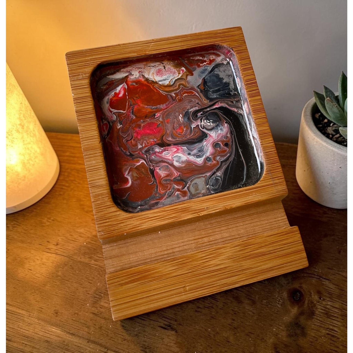 Phone Stand with Tray – Handmade Wood Phone Holder – Resin Art Phone Dock – Desk Phone Organizer – Cell Phone Accessory