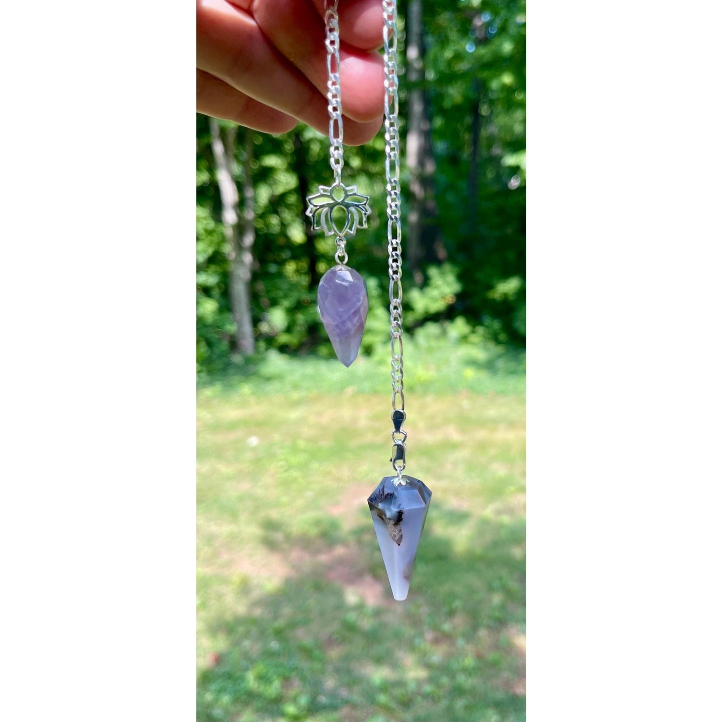 Luxury Dendrite Agate Pendulum | Amethyst Holder | Sterling Silver Lotus | Italian Sterling Silver Plated Chain | Handmade Crystal Pendulum