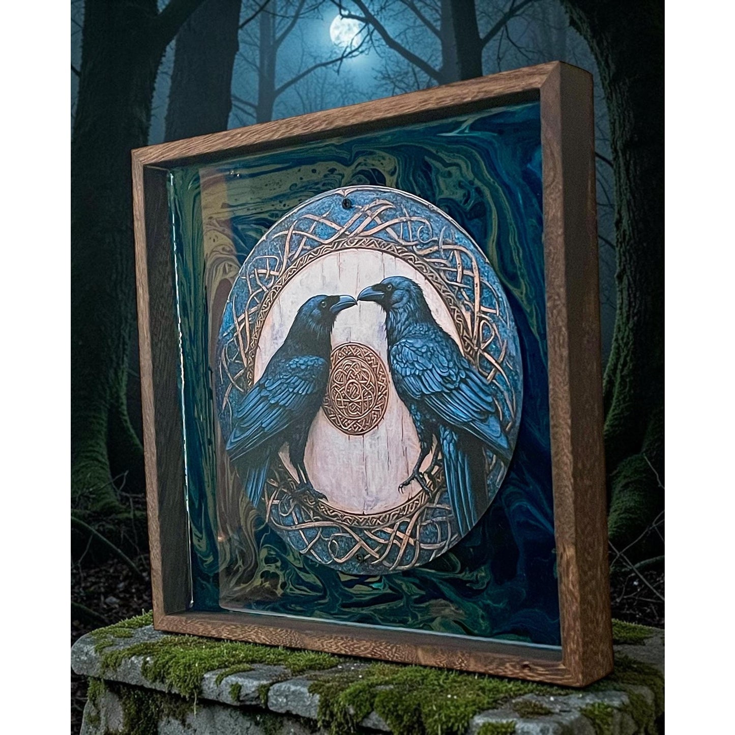 Gothic Raven Wall Art – Celtic Knot Ravens – Teal Resin Art – Mystical Decor – Norse Pagan Inspired – Hand Painted Wood Wall Hanging 10.5”
