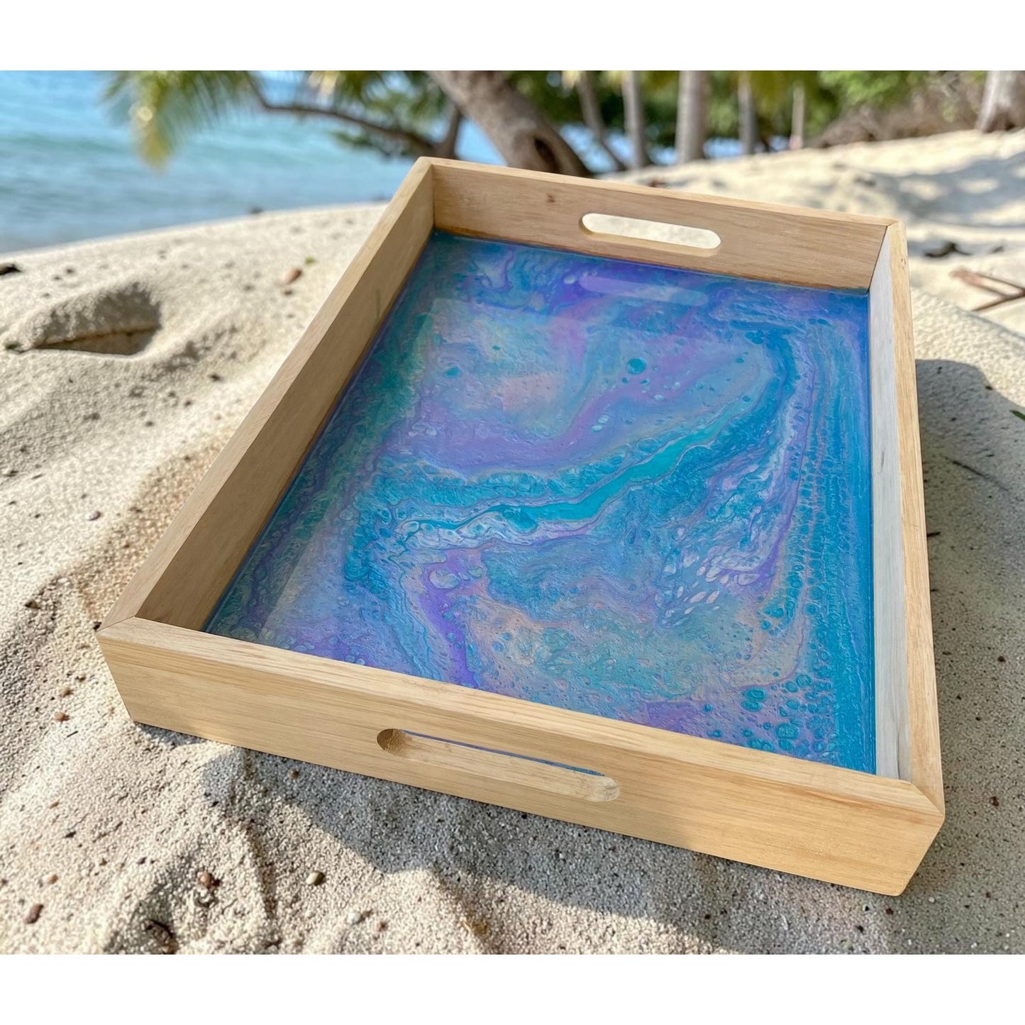 Ocean Dream Resin Tray 16x12 – Teal & Lavender Acrylic Pour Serving Tray
