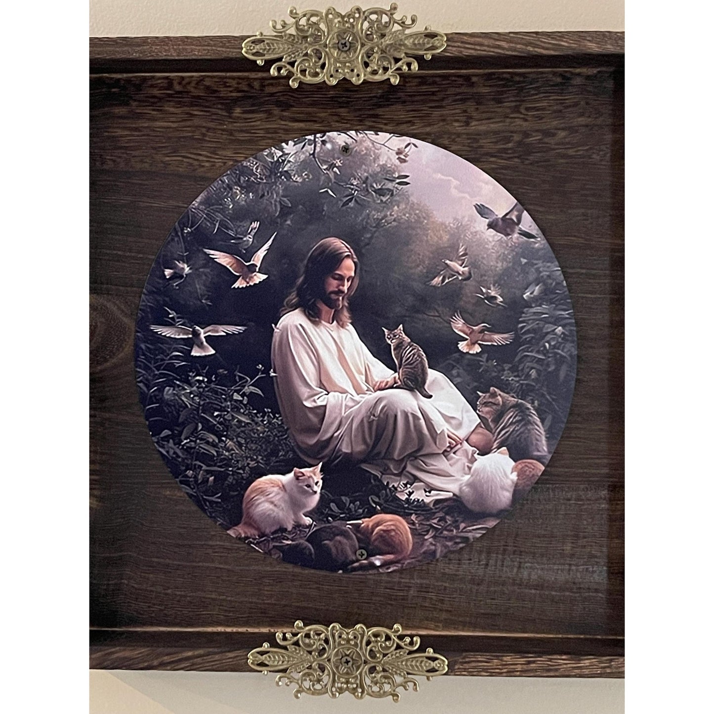 Jesus with Cats and Birds Wall Art | Christian Cat Lover Decor | Rustic Framed Religious Wall Hanging | Ready to Hang | One of a Kind