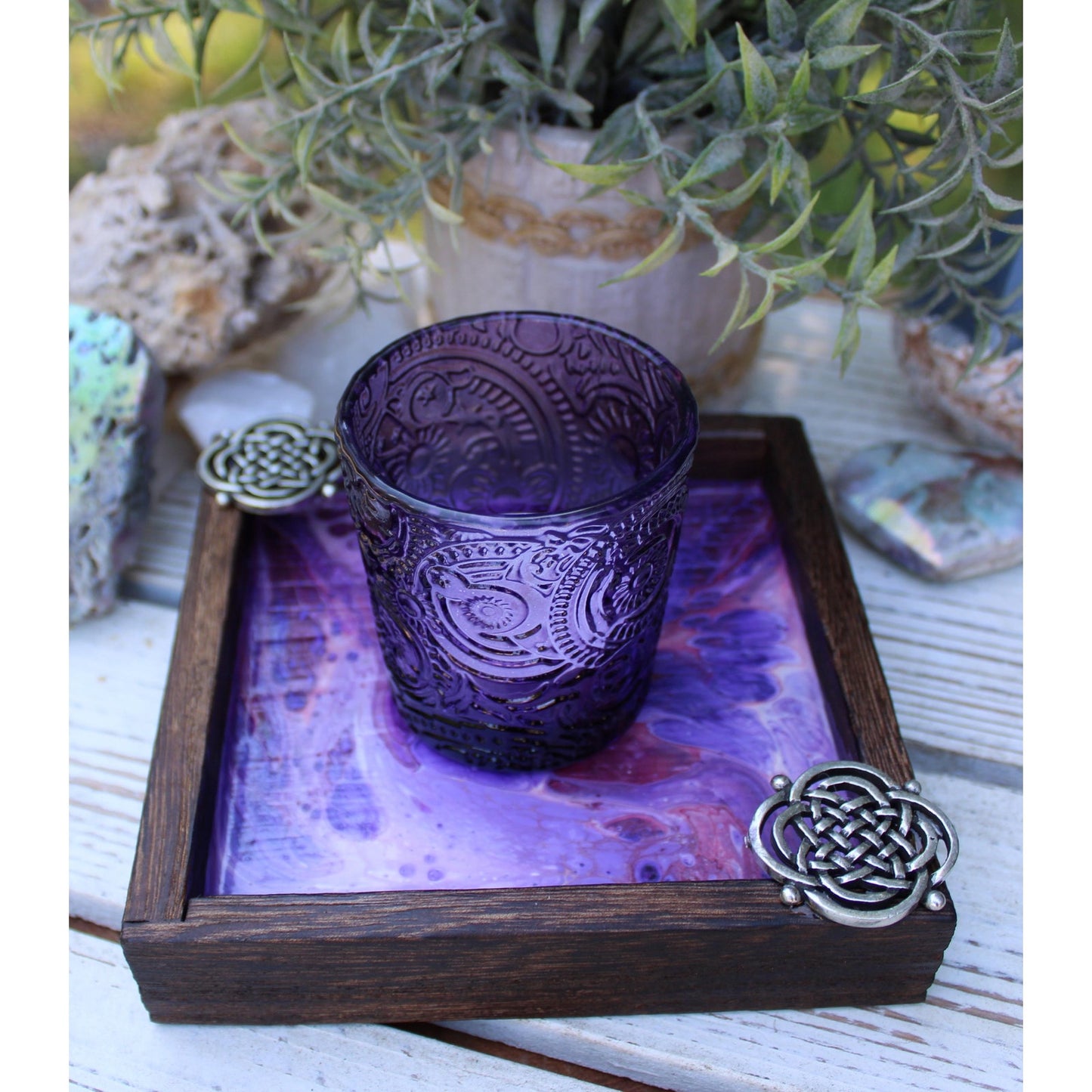 Candle Holder and Candle Celtic Harmony Hand Painted Wood