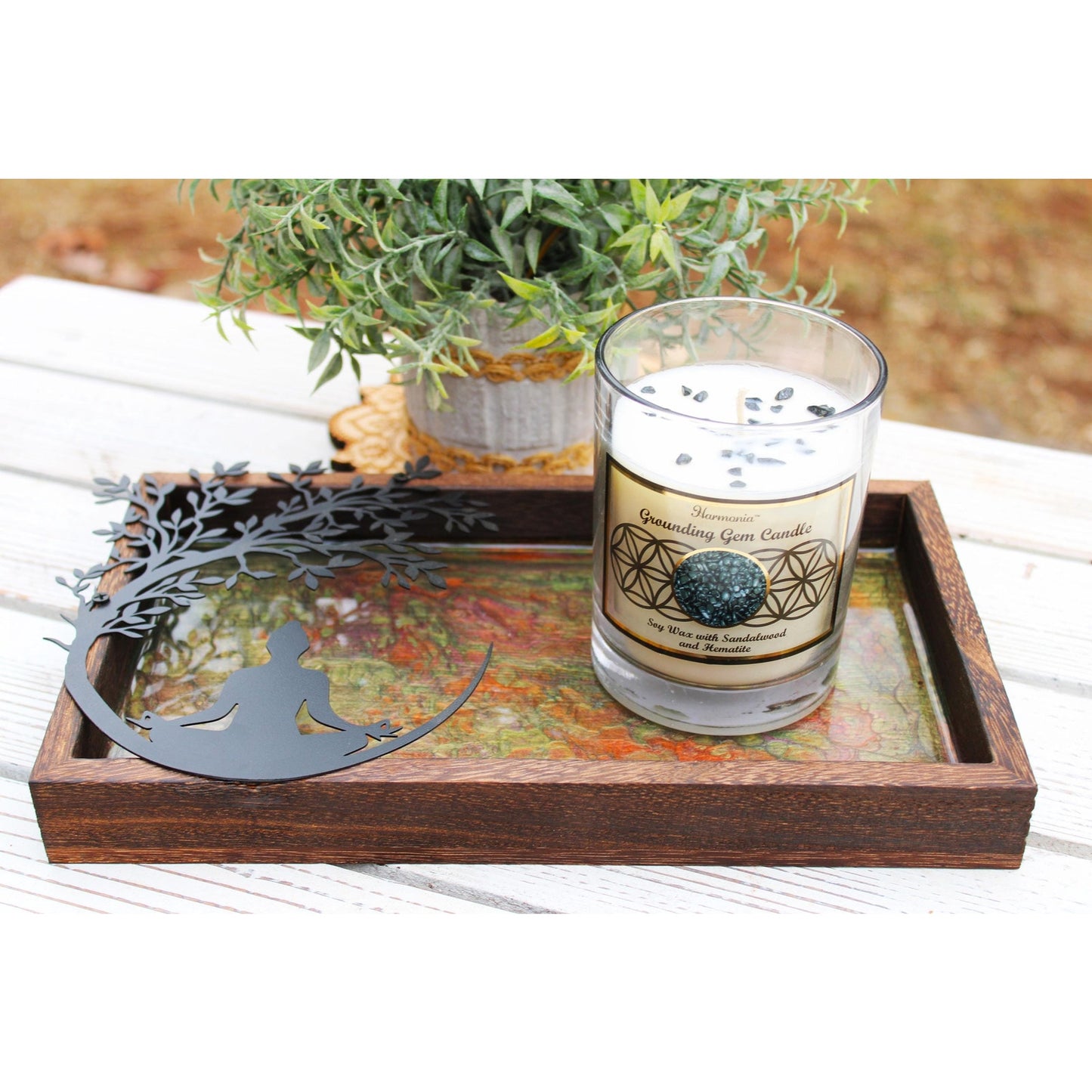Meditation Altar Set • Resin Wood Tray with Gemstone Soy Candle •