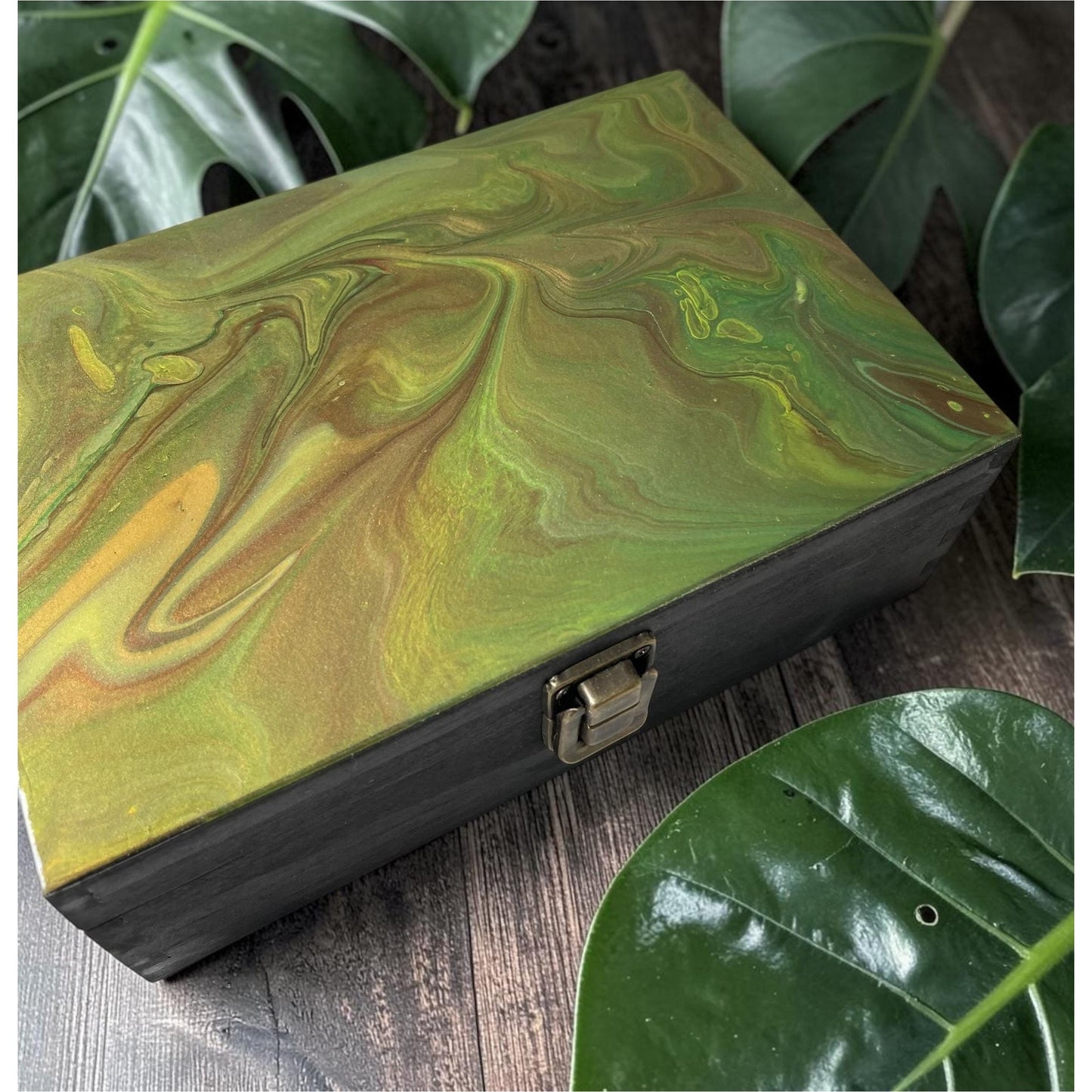 Hand Painted Wooden Stash Box | Abstract Fluid Art Keepsake Box | Crystal & Jewelry Storage | Moody Boho