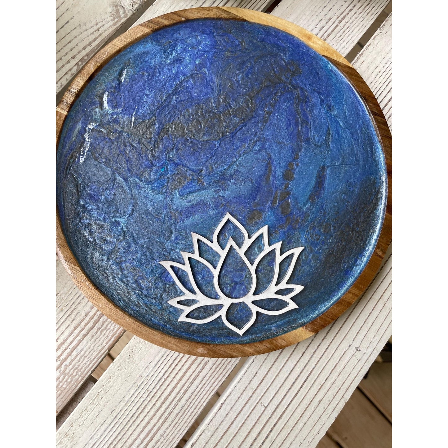 Hand Painted Blue Lotus Tray with Soy Candle Set | Meditation Decor | Acrylic Pour Art | Spiritual Home Decor | One of a Kind Gift
