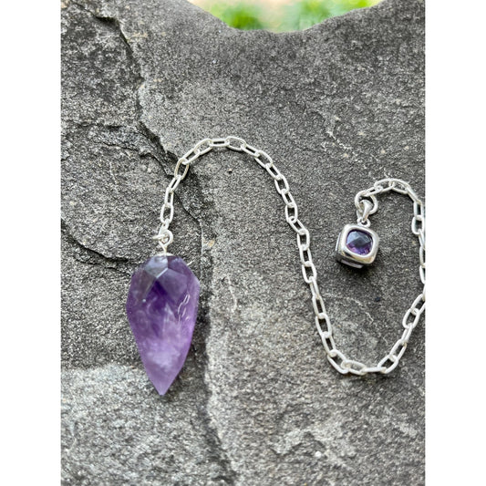 Amethyst Pendulum with Sterling Silver Amethyst Handle | Crystal Dowsing Pendulum | Divination Tool | Reiki Pendulum Handmade Spiritual Gift