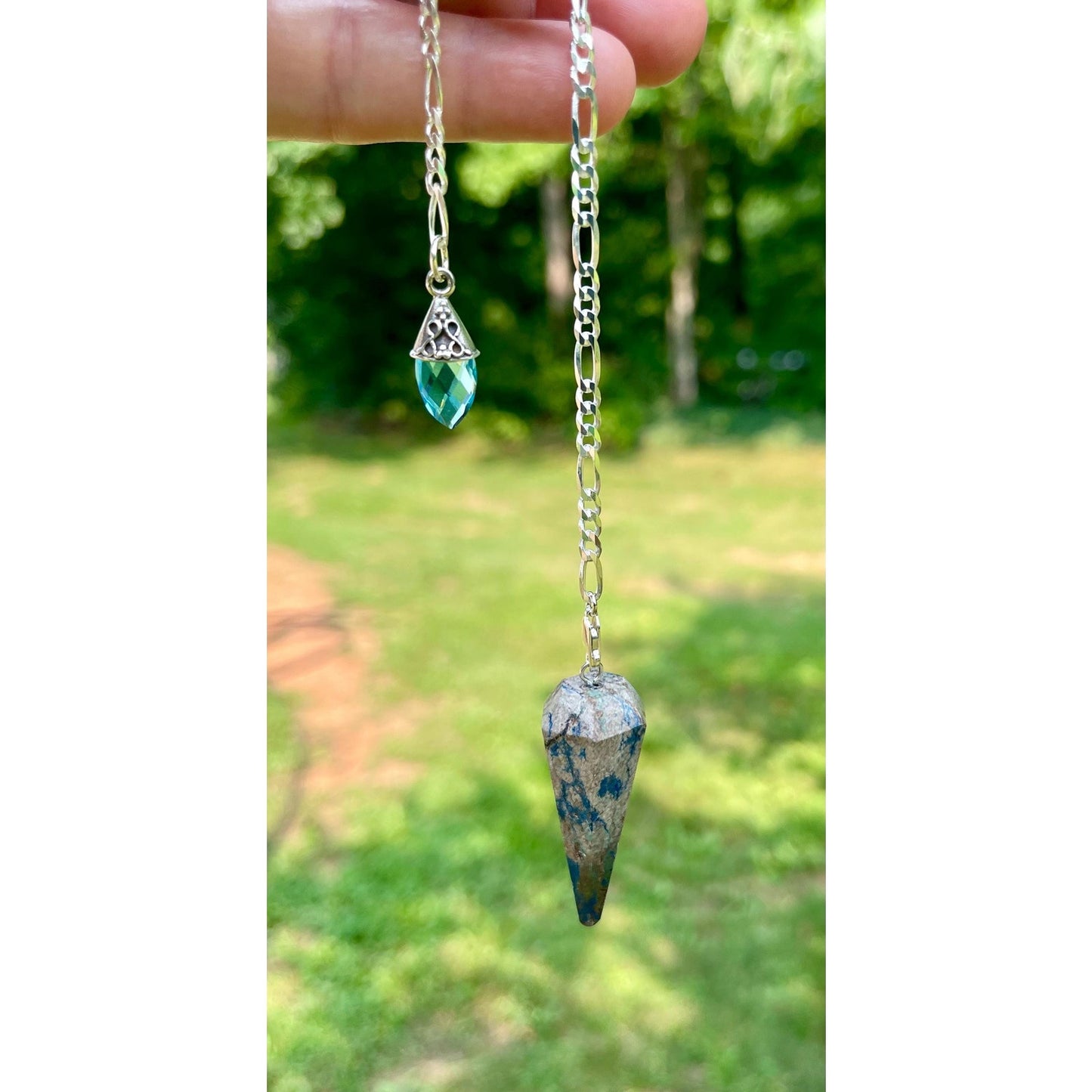 Luxury Chrysocolla Pendulum with Blue Topaz Handle | Sterling Silver Chain | Handmade Crystal Pendulum | Divination Tool | One-of-a-Kind