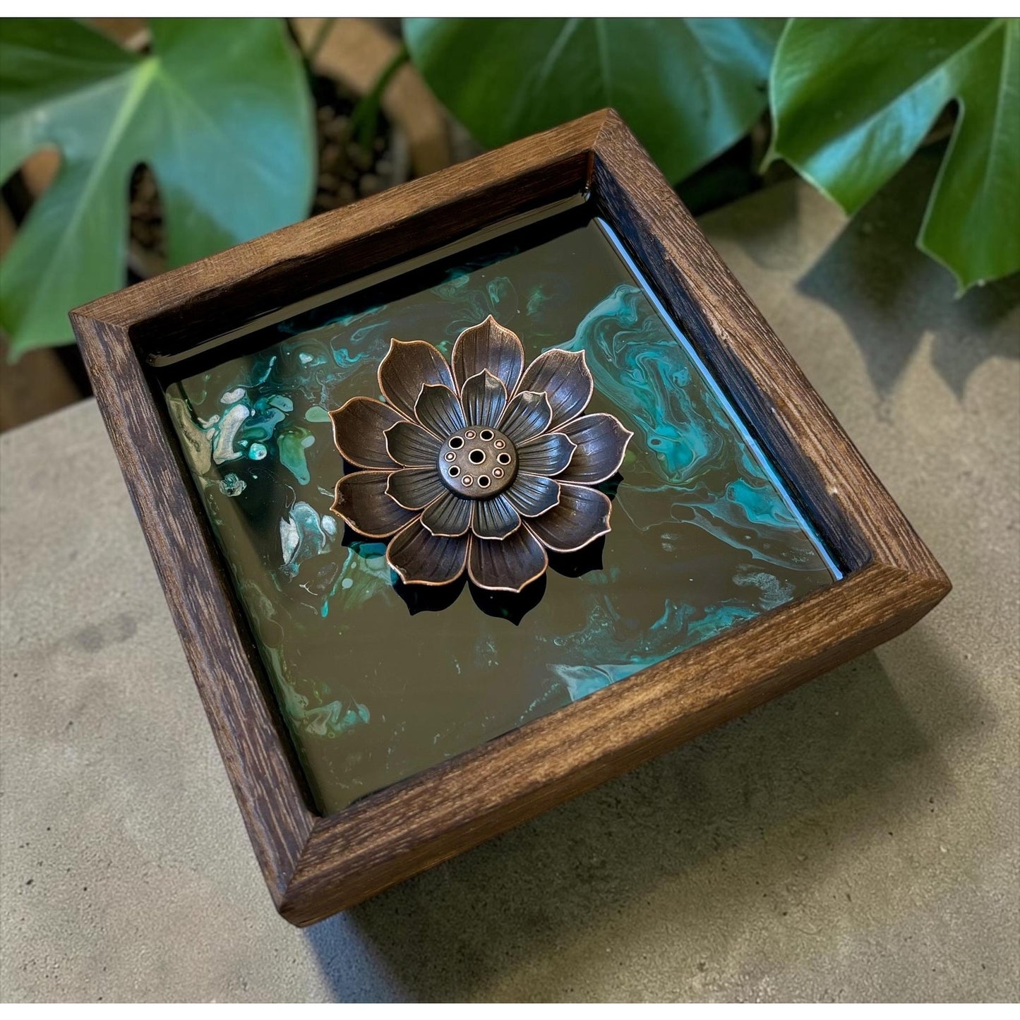 Glacial Vein Collection Lotus Incense Burner Resin Art Decor | Turquoise Lotus Burner | Meditation Altar Decor | 4 Inch