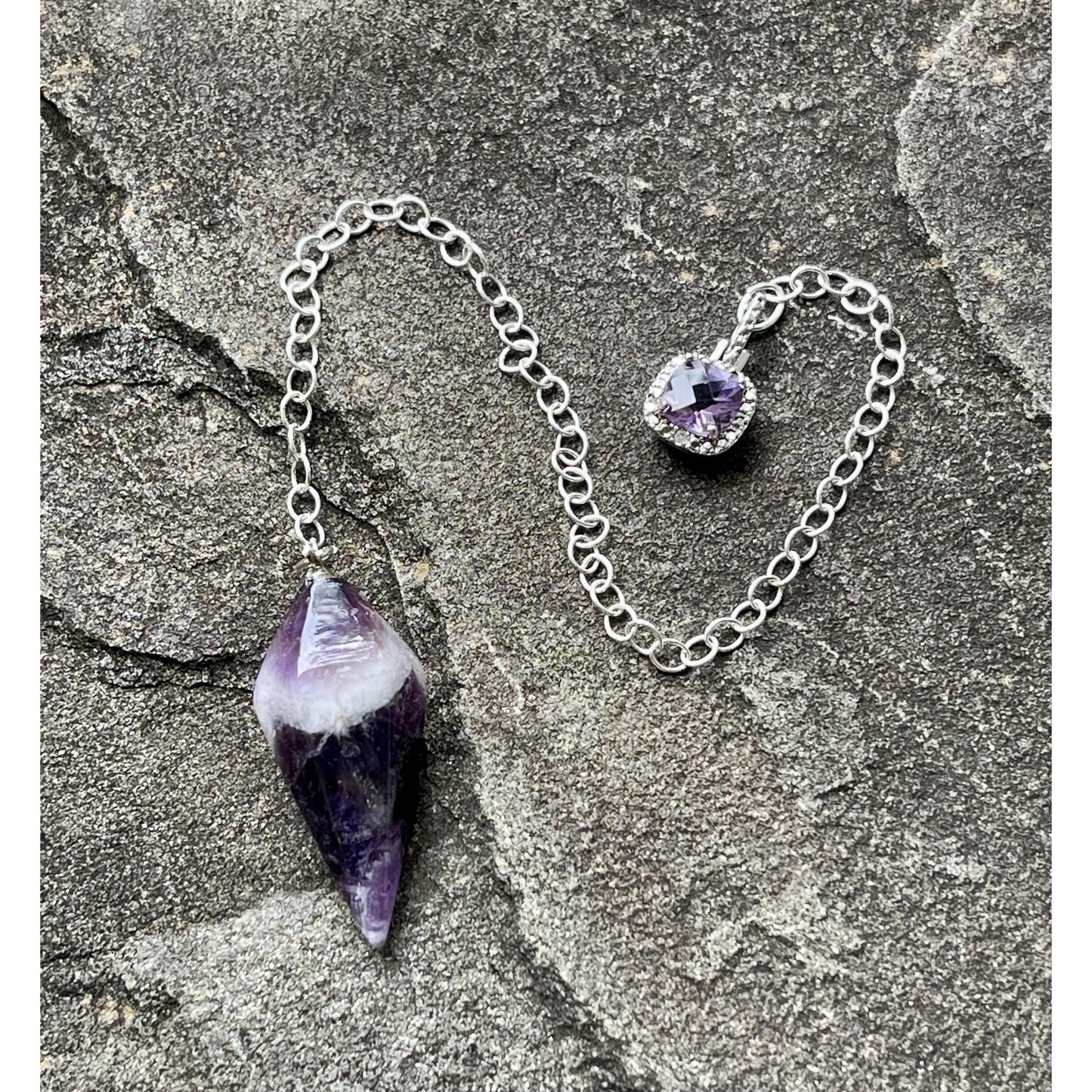 Amethyst Pendulum with Sterling Silver Amethyst Handle | Crystal Dowsing Pendulum | Divination Tool | Reiki Pendulum Handmade Spiritual Gift