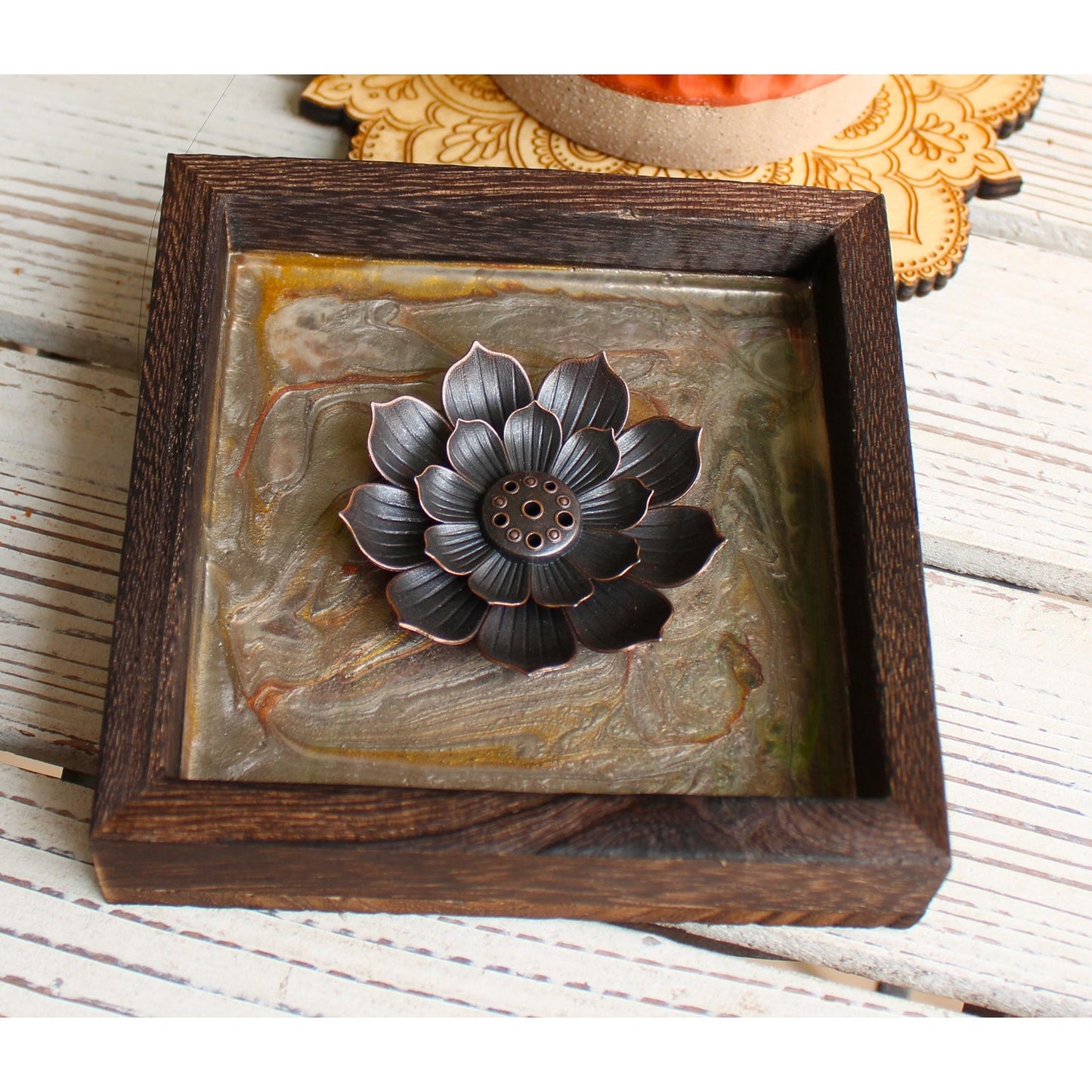 Lotus Incense Holder • Hand Painted Resin Art Tray •