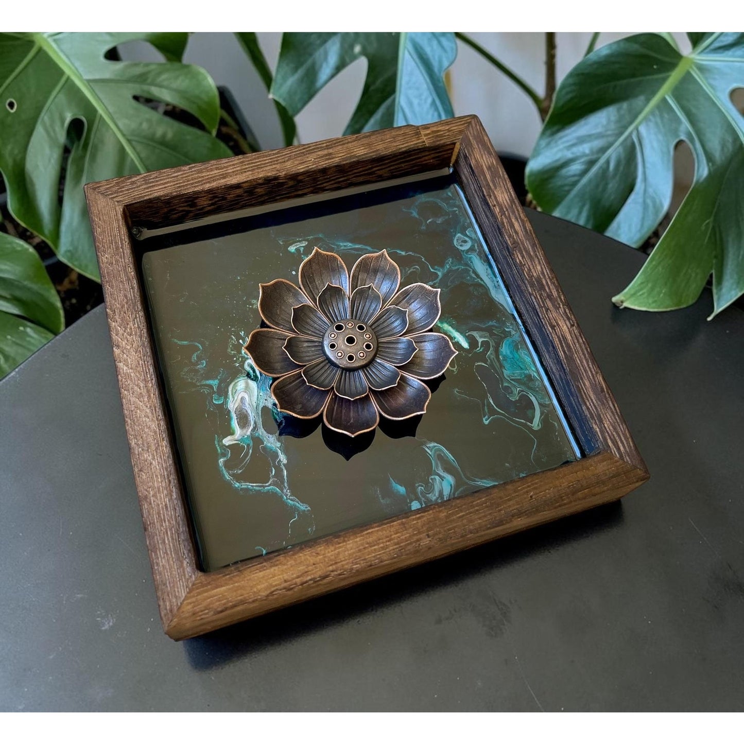 Glacial Vein Collection Lotus Incense Burner Resin Art Decor | Turquoise Lotus Burner | Meditation Altar Decor | 4 Inch