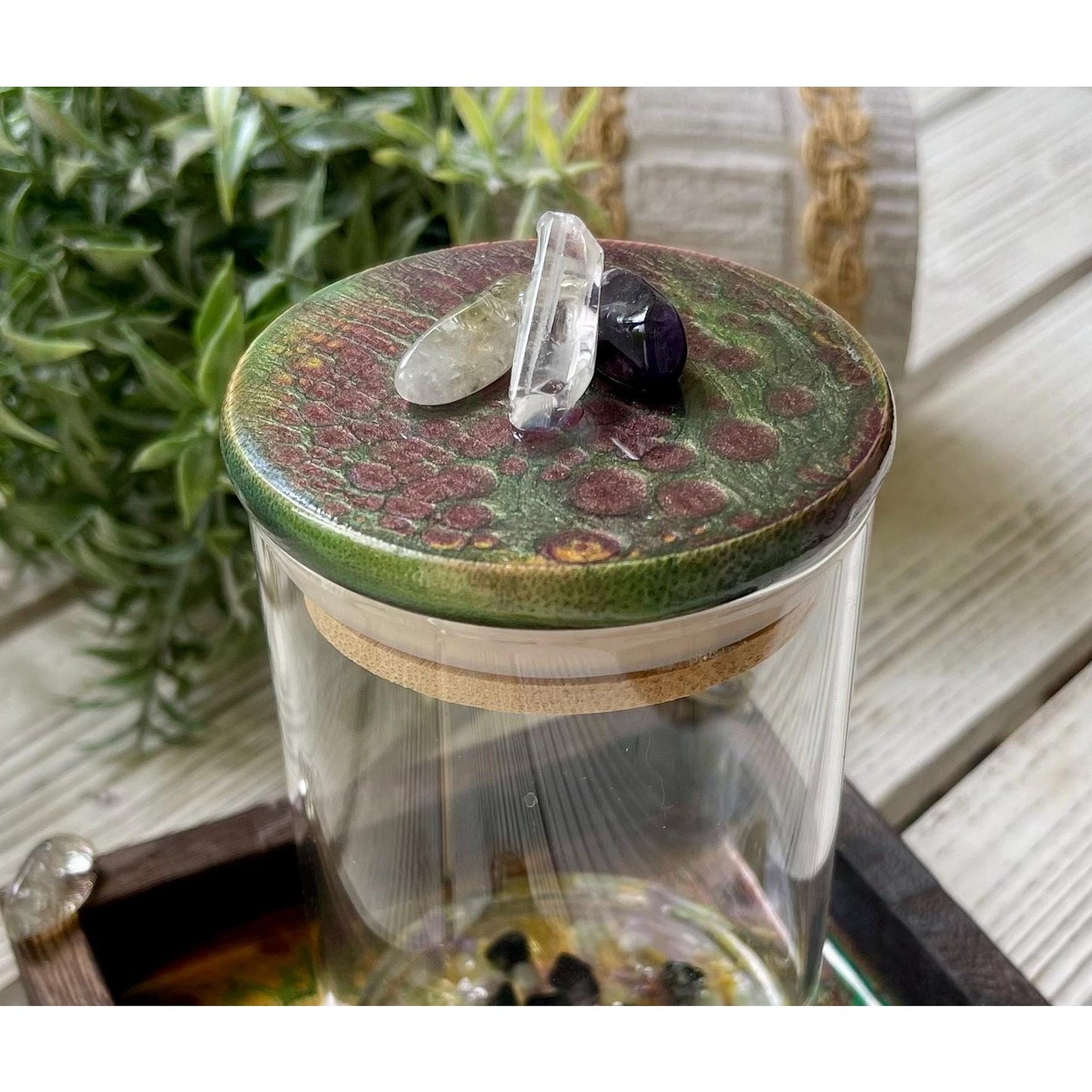 Manifestation Prayer Jar Set with Citrine, Amethyst & Clear Quartz – Hand Painted Tray – Crystal Intention Jar Spiritual Gift Energy Ritual