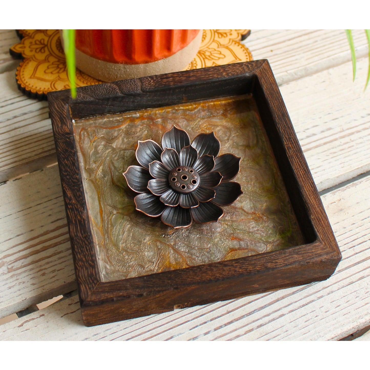 Lotus Incense Holder • Hand Painted Resin Art Tray •