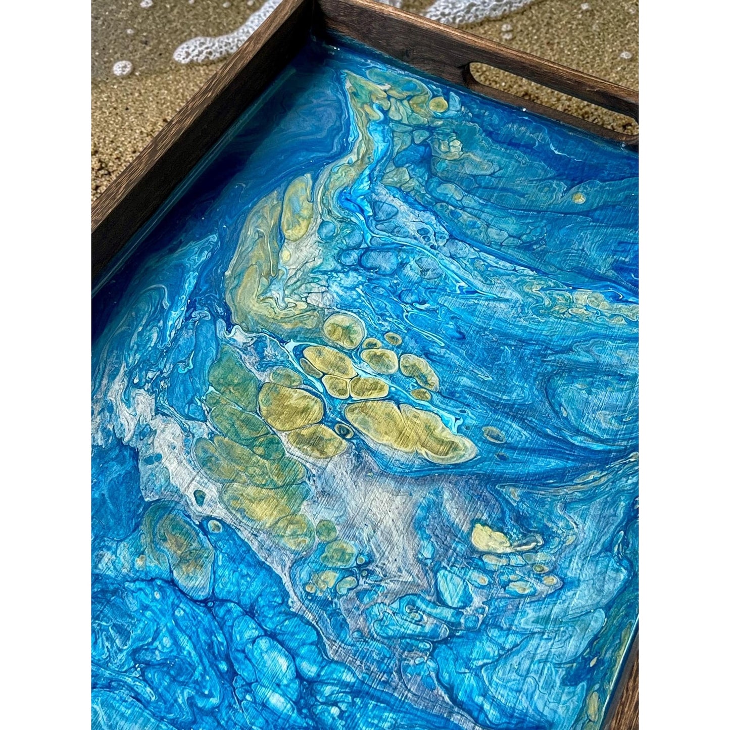 Celestial Tide Resin Art Serving Tray – Handmade Ocean Inspired Wood Tray – Blue & Gold Acrylic Pour Decor – Coastal Coffee Table Tray – 18”