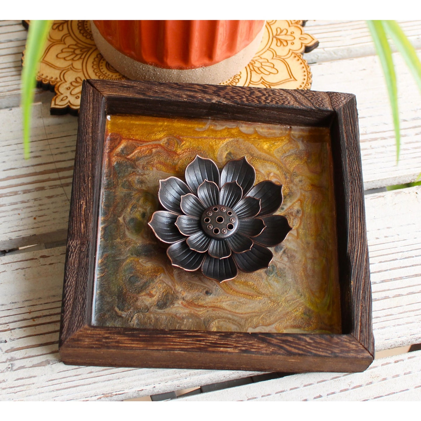 Lotus Incense Holder • Hand Painted Resin Art Tray