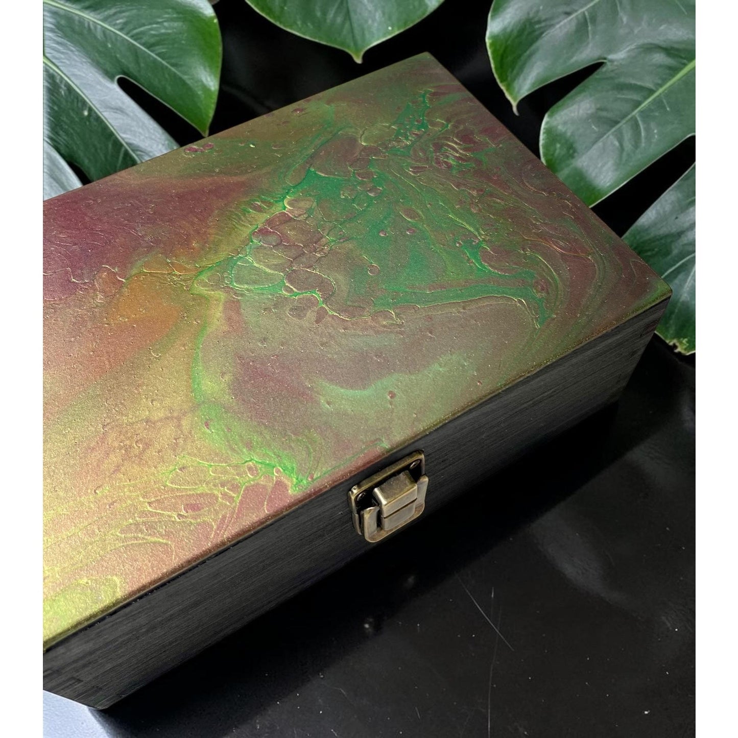 Hand Painted Wooden Stash Box | Abstract Fluid Art Keepsake Box | Crystal & Jewelry Storage | Moody Boho