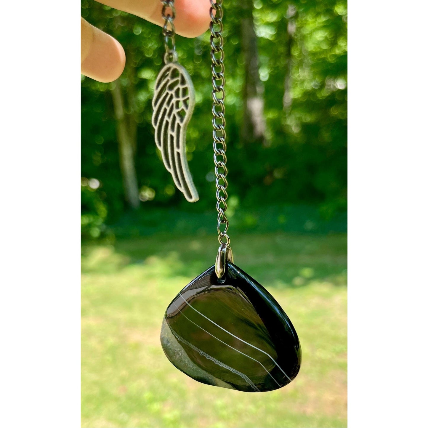 Designs by Imogen Art™ Pocket Peace Collection – Guardian Series Banded Black Agate Meditation Stone with Angel Wing Pocket Comfort Stone