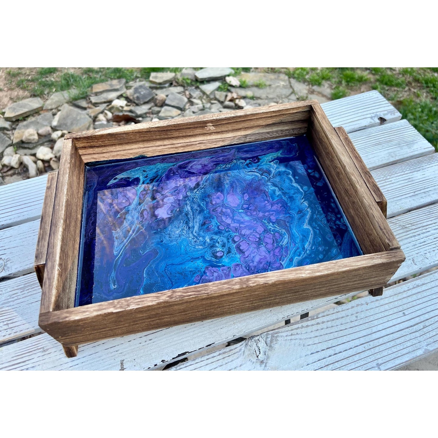 Midnight Tide Resin Art Tray • Blue & Violet Acrylic Pour •