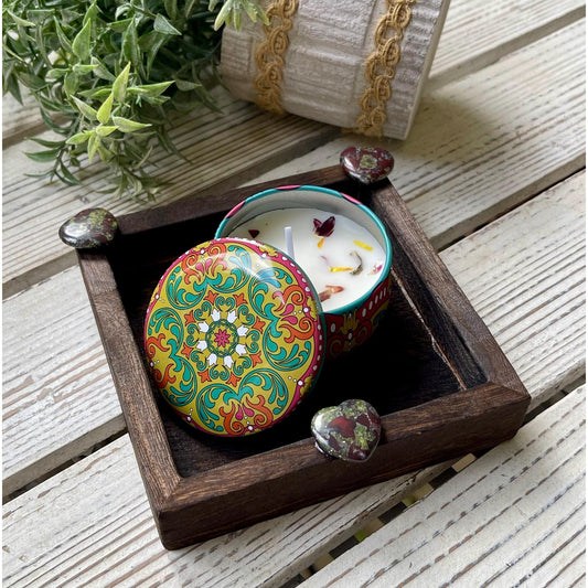 Bloodstone Heart Gift Set | Mini Tray with Soy Candle & Dried Flowers | Crystal Decor | Grounding Strength Gift | Spiritual Home Decor