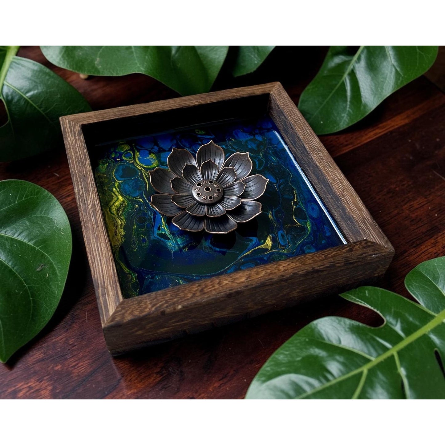 Blue Morpho Abyss Lotus Incense Holder | Handmade Resin Art Decor | Sapphire & Turquoise Lotus Burner | Meditation Altar Decor | 4 Inch