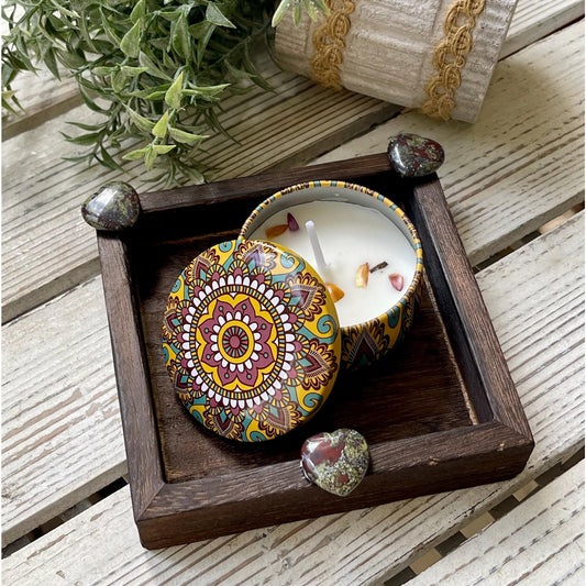 Bloodstone Heart Gift Set | Mini Tray with Soy Candle & Dried Flowers | Crystal Decor | Grounding Strength Gift | Spiritual Home Decor