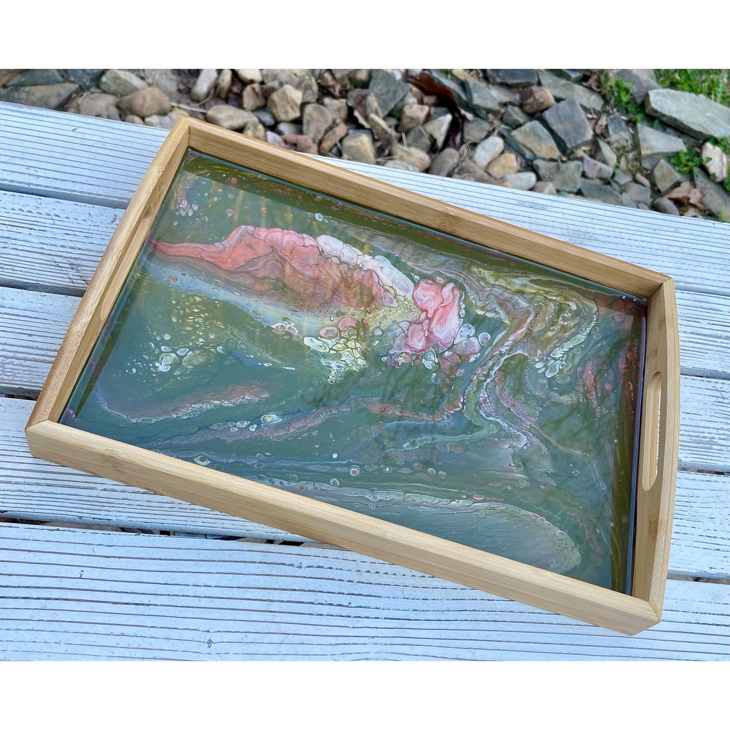 Earth Bloom Resin Tray • Green & Blush Acrylic Pour •
