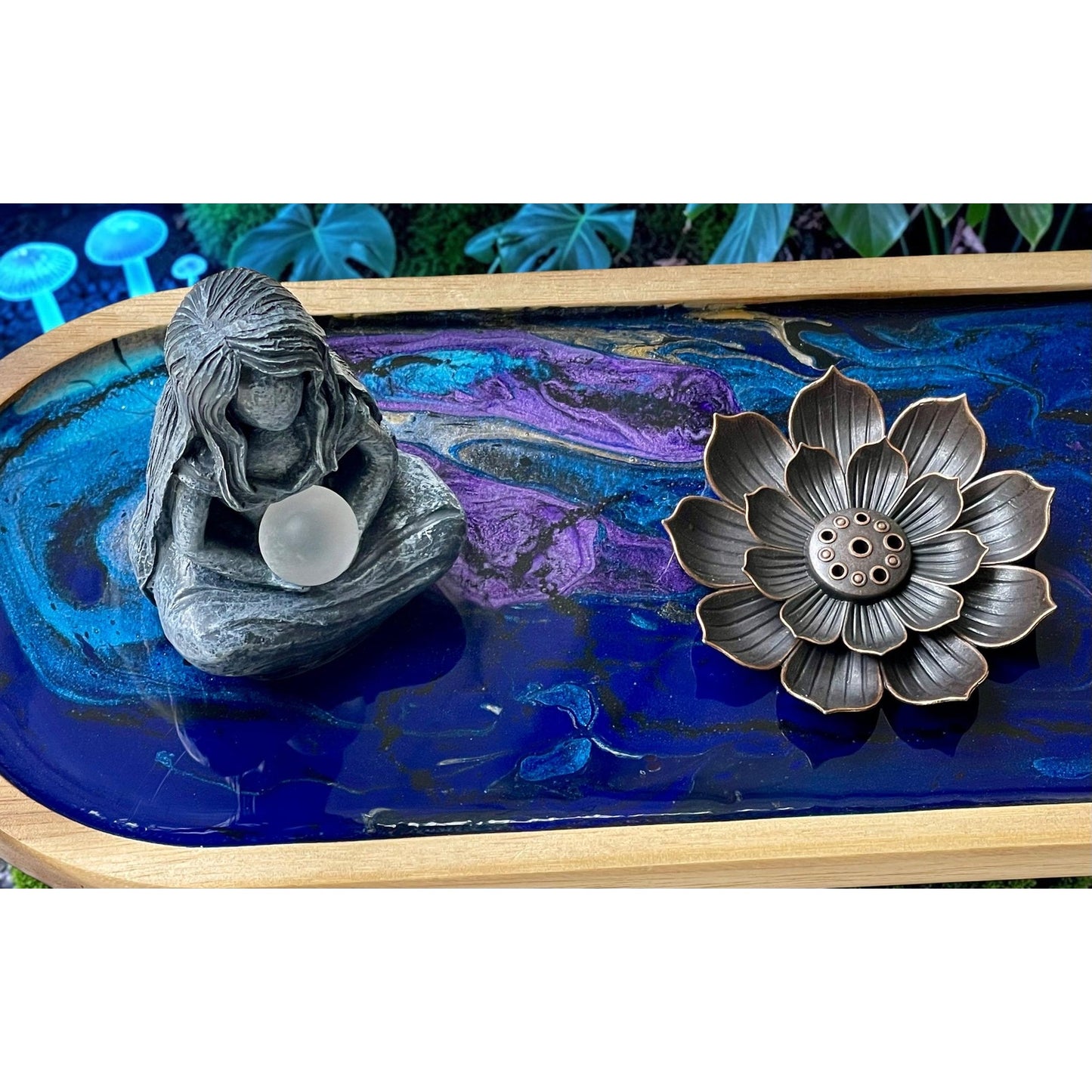 Midnight Tide Goddess Incense Tray, Resin Art Meditation Altar Decor, Lotus Incense Burner with Citrine & Black Onyx Handmade Spiritual Gift