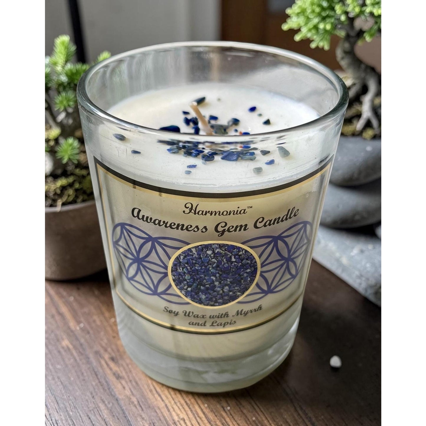 Hand Painted Resin Lotus Tray with Soy Candle – Myrrh & Lapis Meditation Decor – Spiritual Altar Tray – 8” Round Boho Gift
