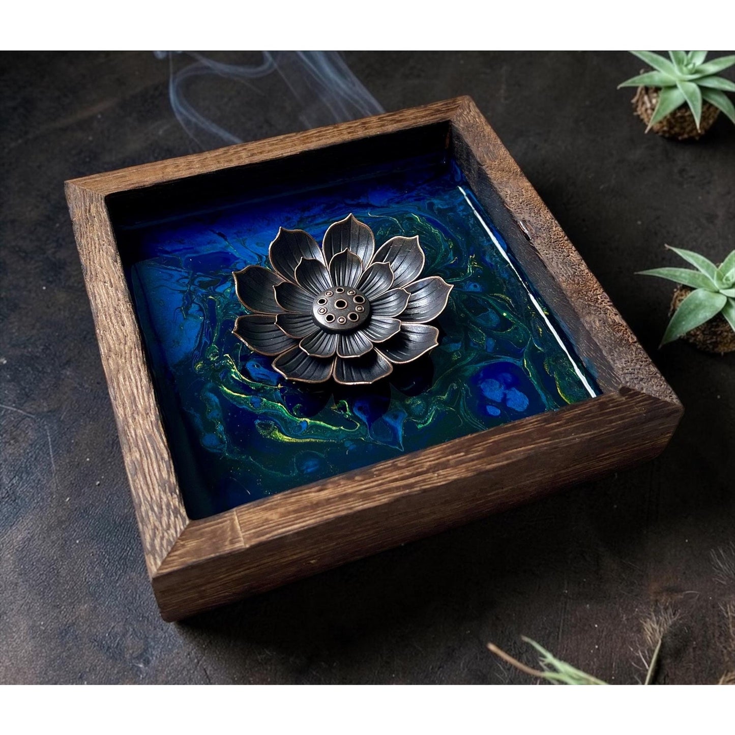 Blue Morpho Abyss Lotus Incense Holder | Handmade Resin Art Decor | Sapphire & Turquoise Lotus Burner | Meditation Altar Decor | 4 Inch
