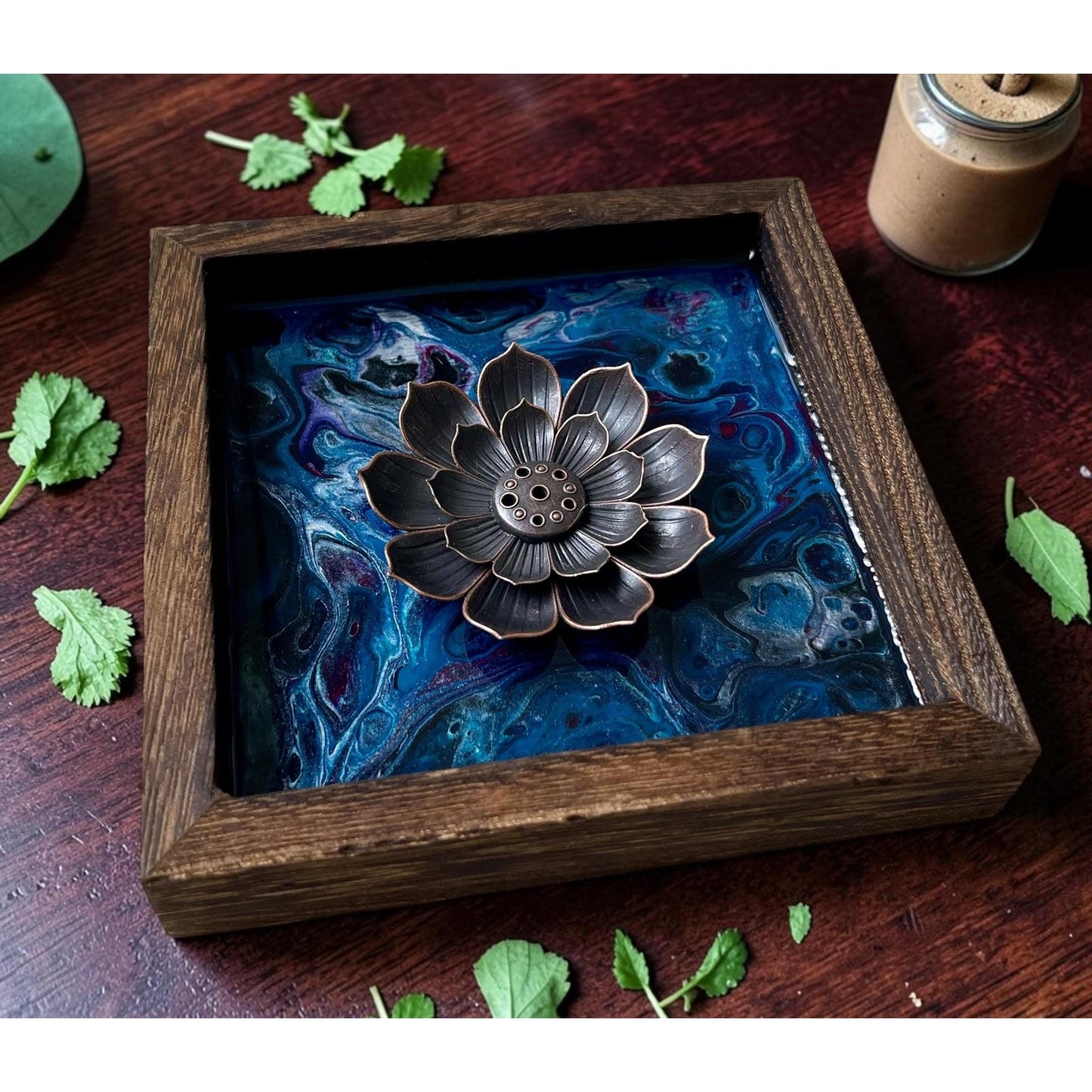 Midnight Tide: Lunar Vein Lotus Incense Holder – Hand Painted Resin Art Burner – Moody Blue and Black Meditation Decor – Wooden Zen Tray