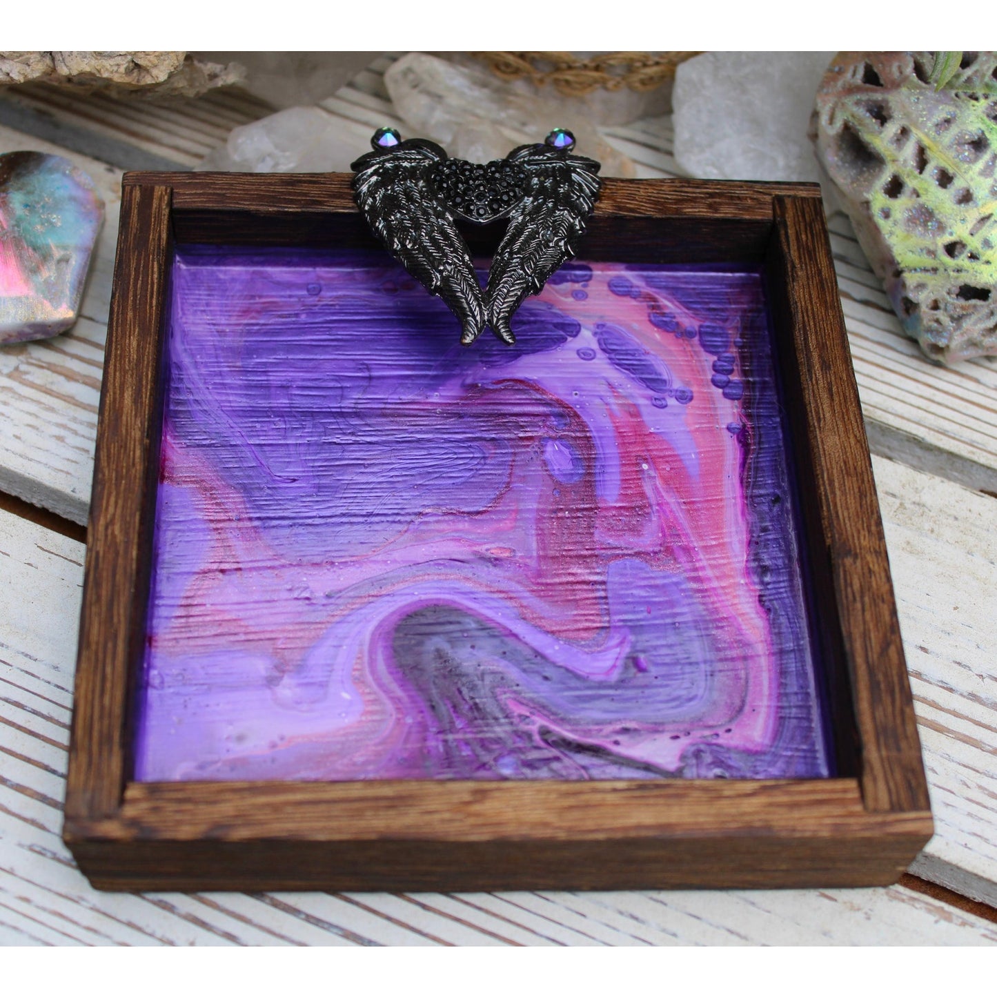 Candle Holder and Candle Angel Wings Hand Painted Wood