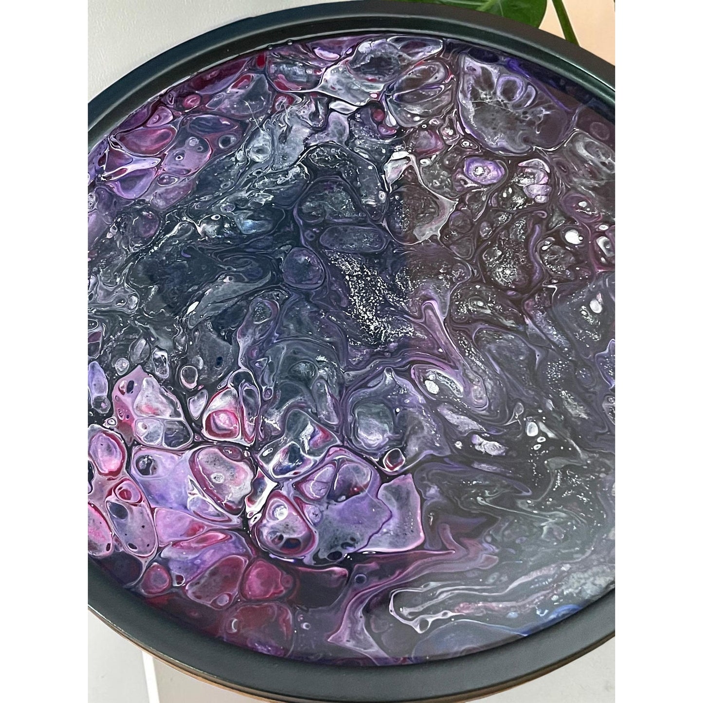 Crushed Merlot Resin Art Accent Table – 26” Tall Handmade Side Table with Shelf & Storage – Acrylic Pour Furniture –Functional Art Statement