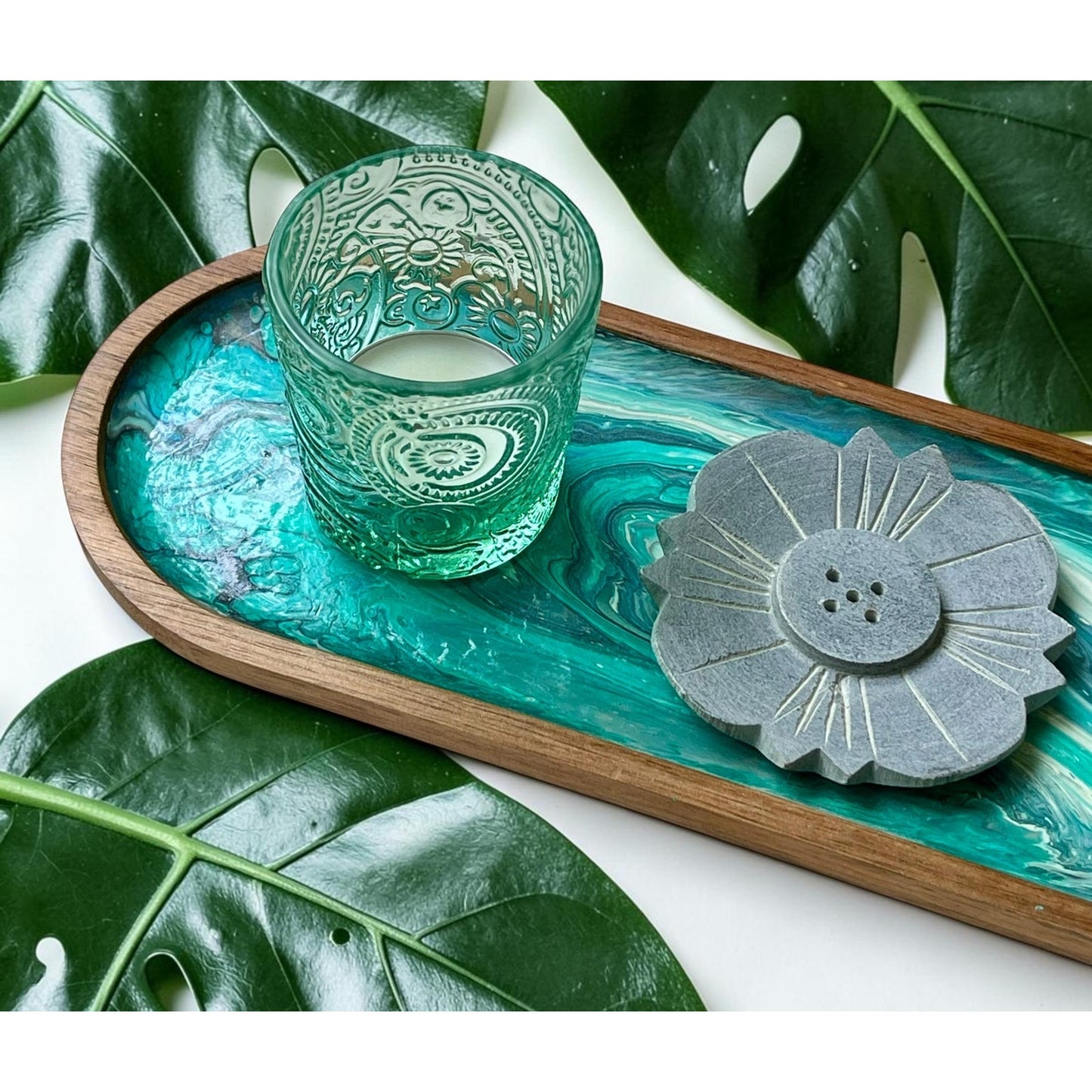 Hand Painted Incense & Votive Tray with Prophecy Stone, Lemurian Seed Quartz – Spiritual Altar Decor – 11” x 4”