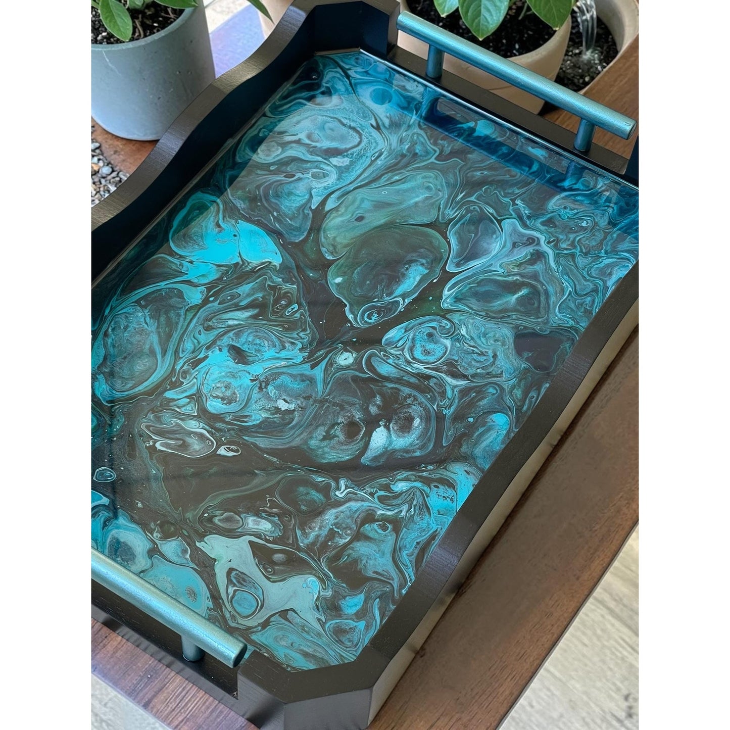 Glacial Vein Resin Art Tray | 14x10 Handmade Serving Tray | Turquoise Fluid Art | Luxury Home Decor | Coastal Decor | Functional Art Tray