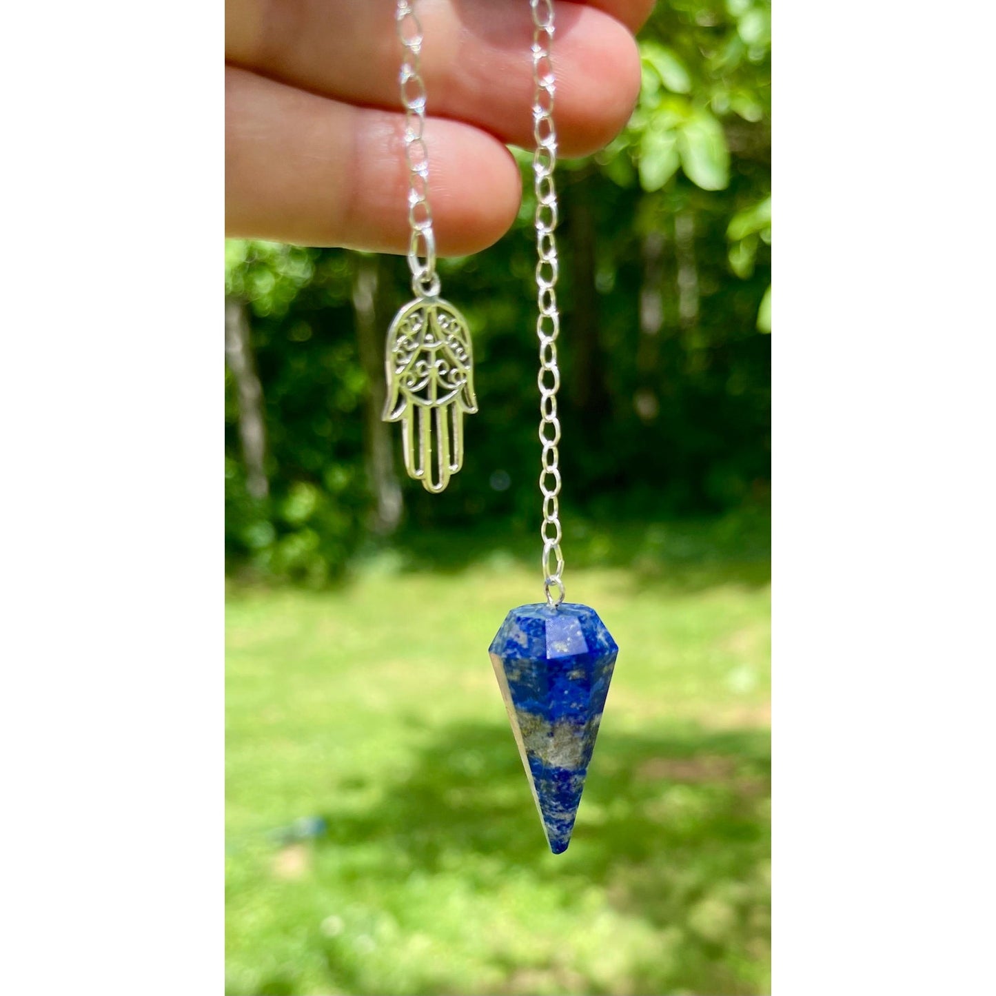 Lapis Lazuli Pendulum with Sterling Silver Hamsa Hand