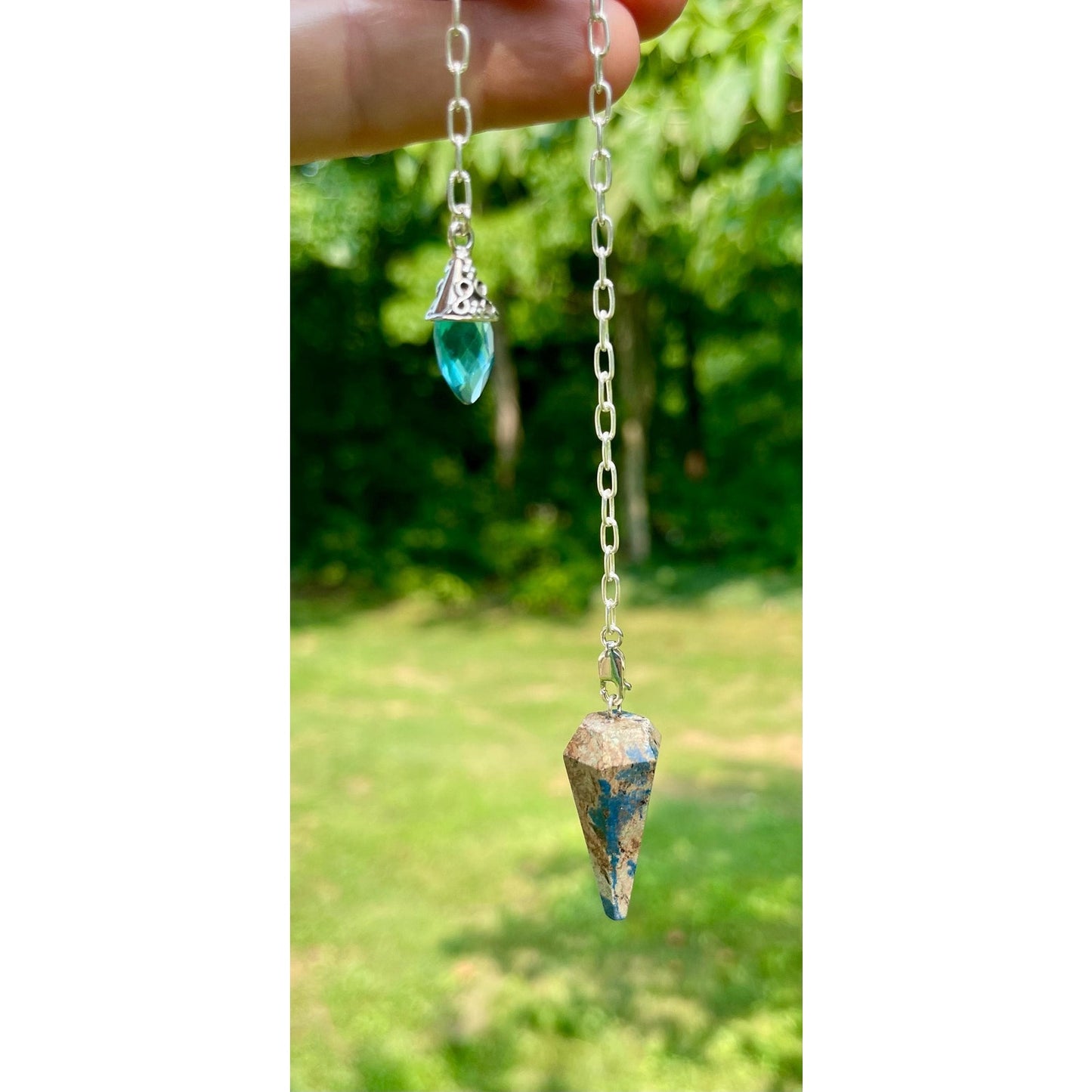 Luxury Chrysocolla Pendulum with Blue Topaz Handle | Sterling Silver Chain | Handmade Crystal Pendulum | Divination Tool | One-of-a-Kind