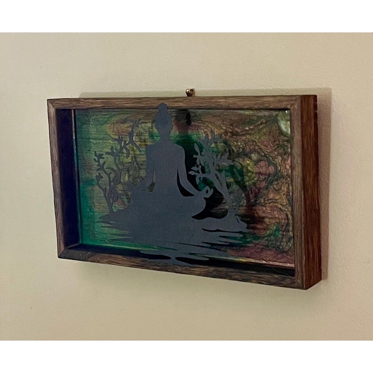 Meditation Wall Art Wood Frame – Zen Buddha Silhouette – Resin Art Spiritual Decor – Green & Earth Tone Wall Hanging – Handmade Boho Decor