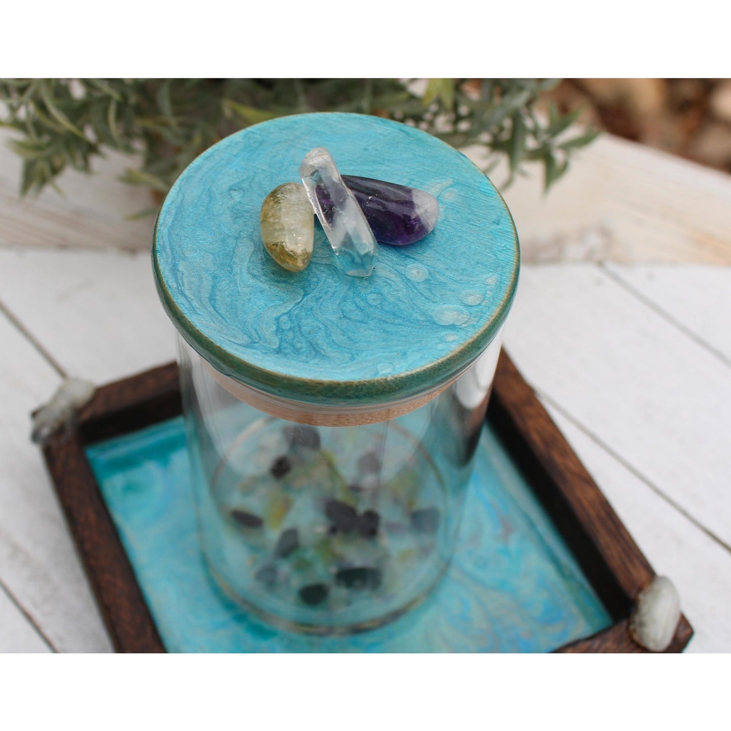 Manifestation Prayer Jar Set with Citrine, Amethyst & Clear Quartz – Hand Painted Tray – Crystal Intention Jar Spiritual Gift Energy Ritual
