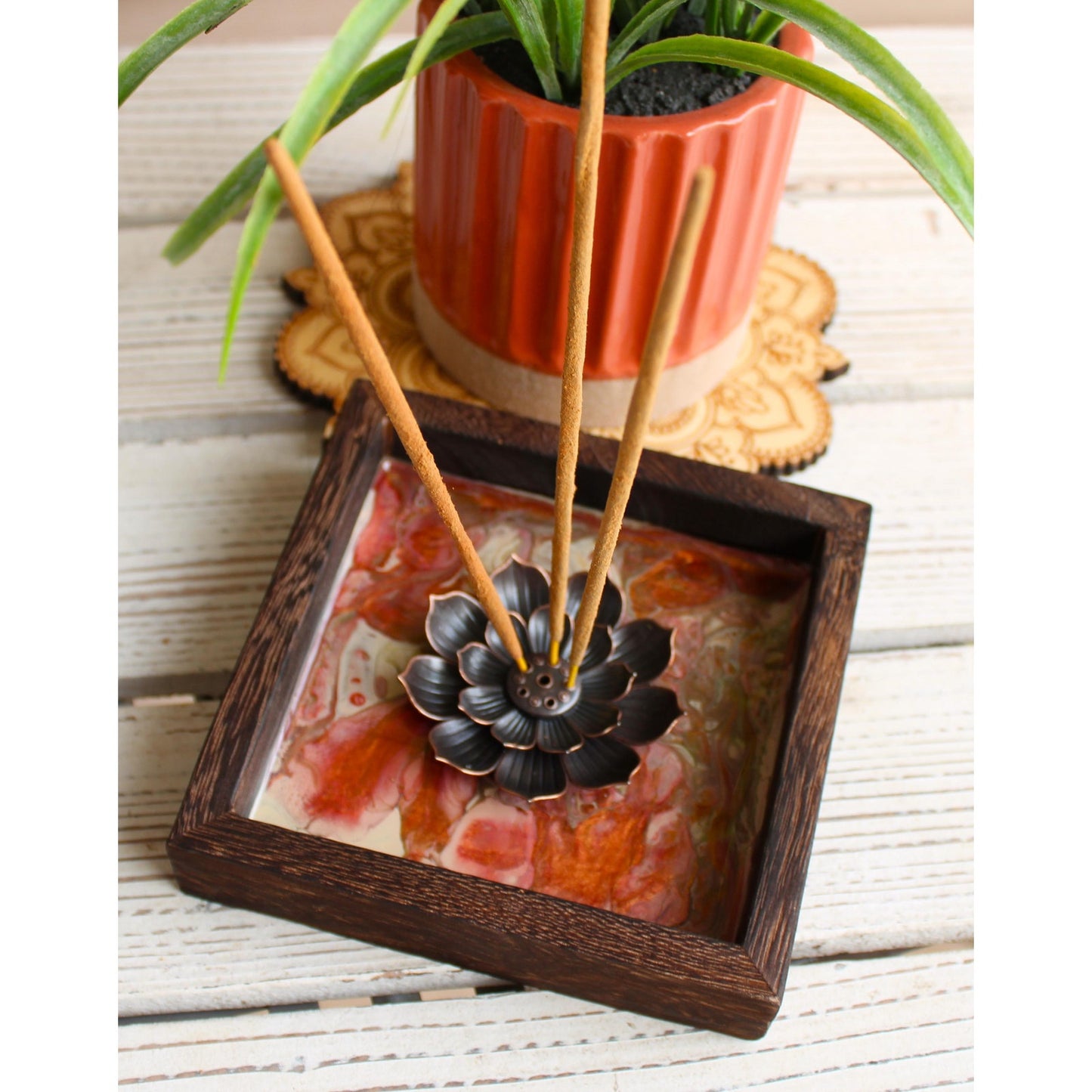 Lotus Incense Holder • Hand Painted Resin Art Tray • Wooden Incense Burner • Spiritual Altar Decor • Meditation Gift • OOAK Boho Decor