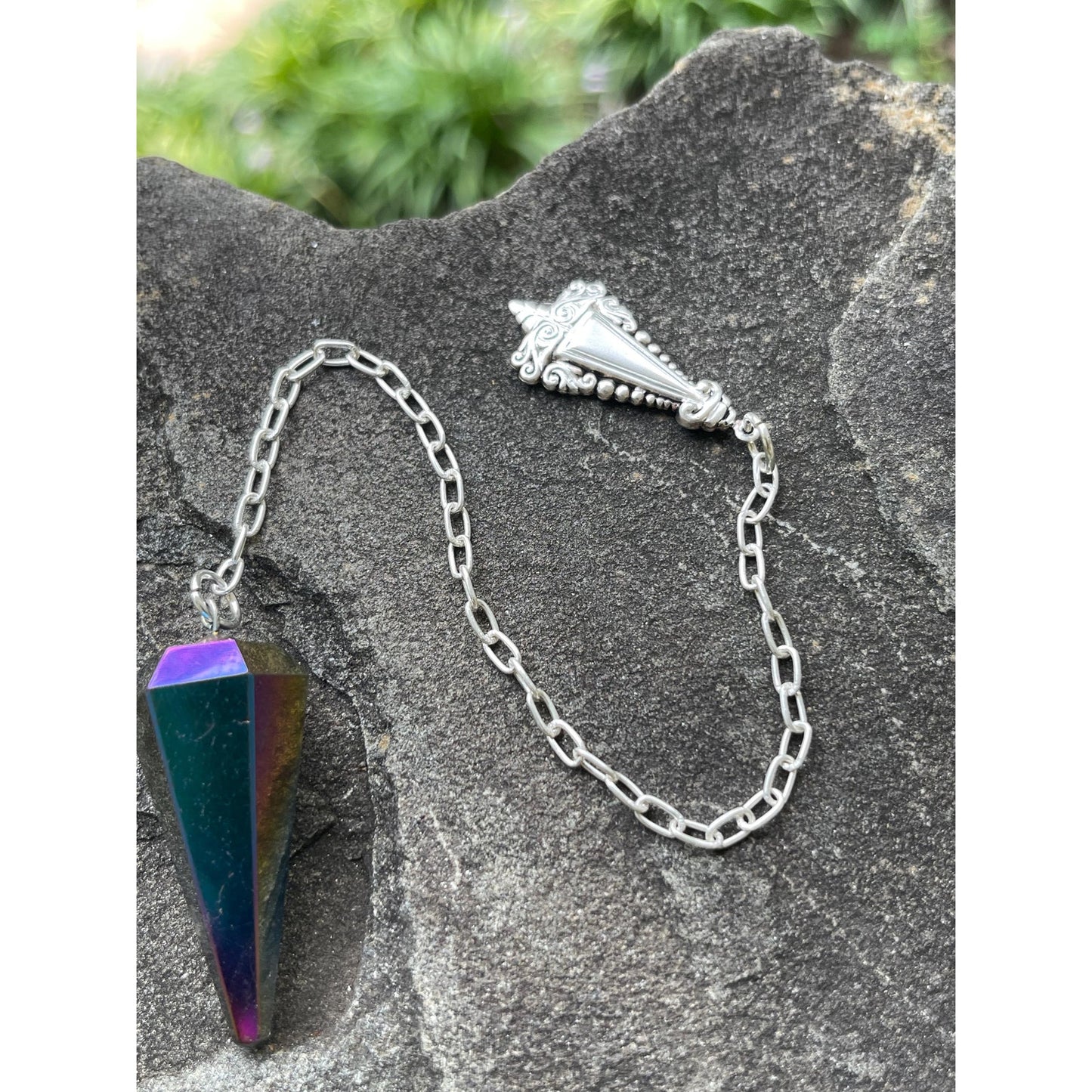 Luxury Titanium Aura Quartz Pendulum with Sterling Silver Handle & Chain | Rainbow Aura Crystal | Handcrafted Divination Tool | One of a Kin