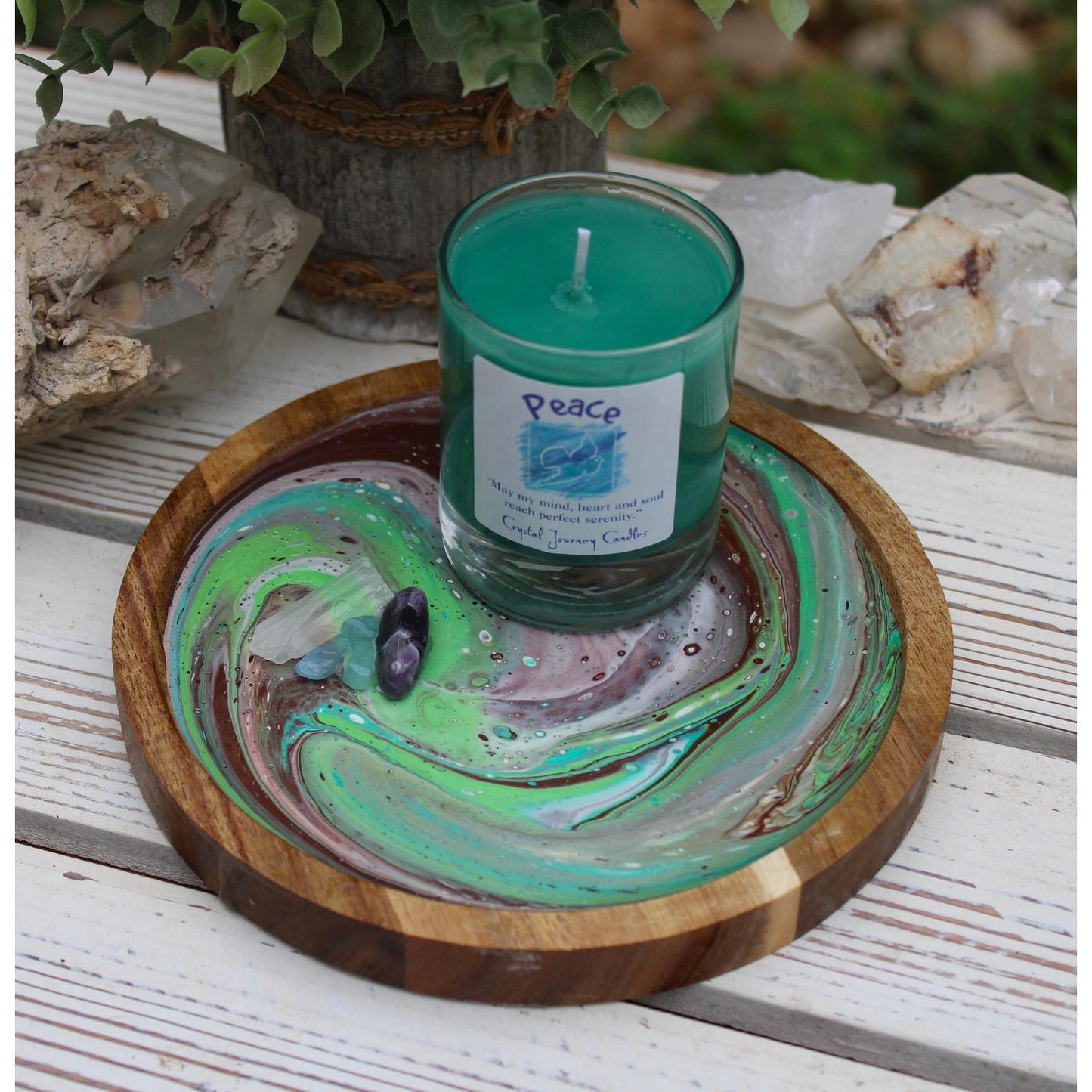Hand Painted Crystal Candle Holder: Acacia Wood with Amethyst & Aquamarine