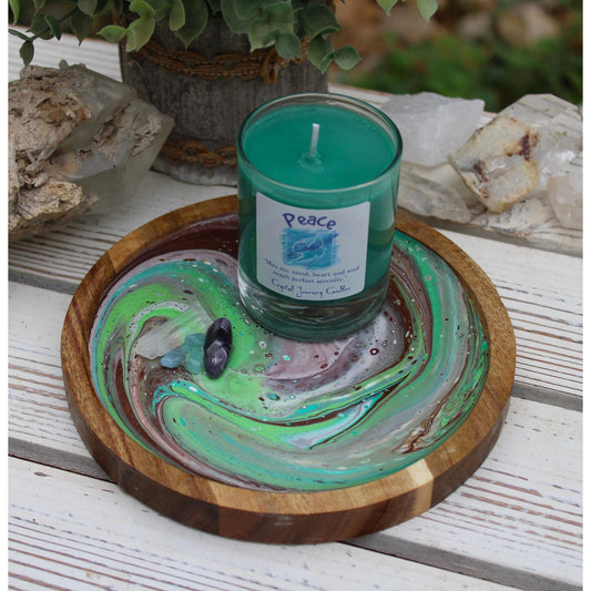 Hand Painted Crystal Candle Holder: Acacia Wood with Amethyst & Aquamarine